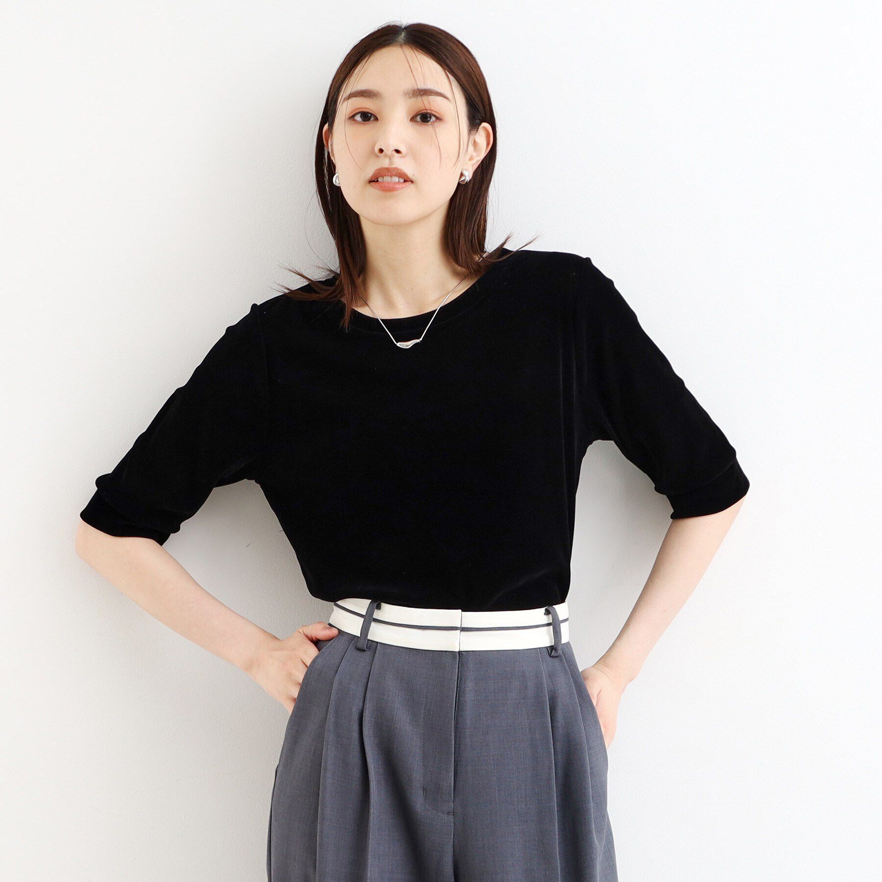 THE SHOP TK「【ヒルナンデス！で紹介】ベロア5分袖プルオーバー/洗える」|Tシャツ・カットソー|ﾌﾞﾗｯｸ(019)