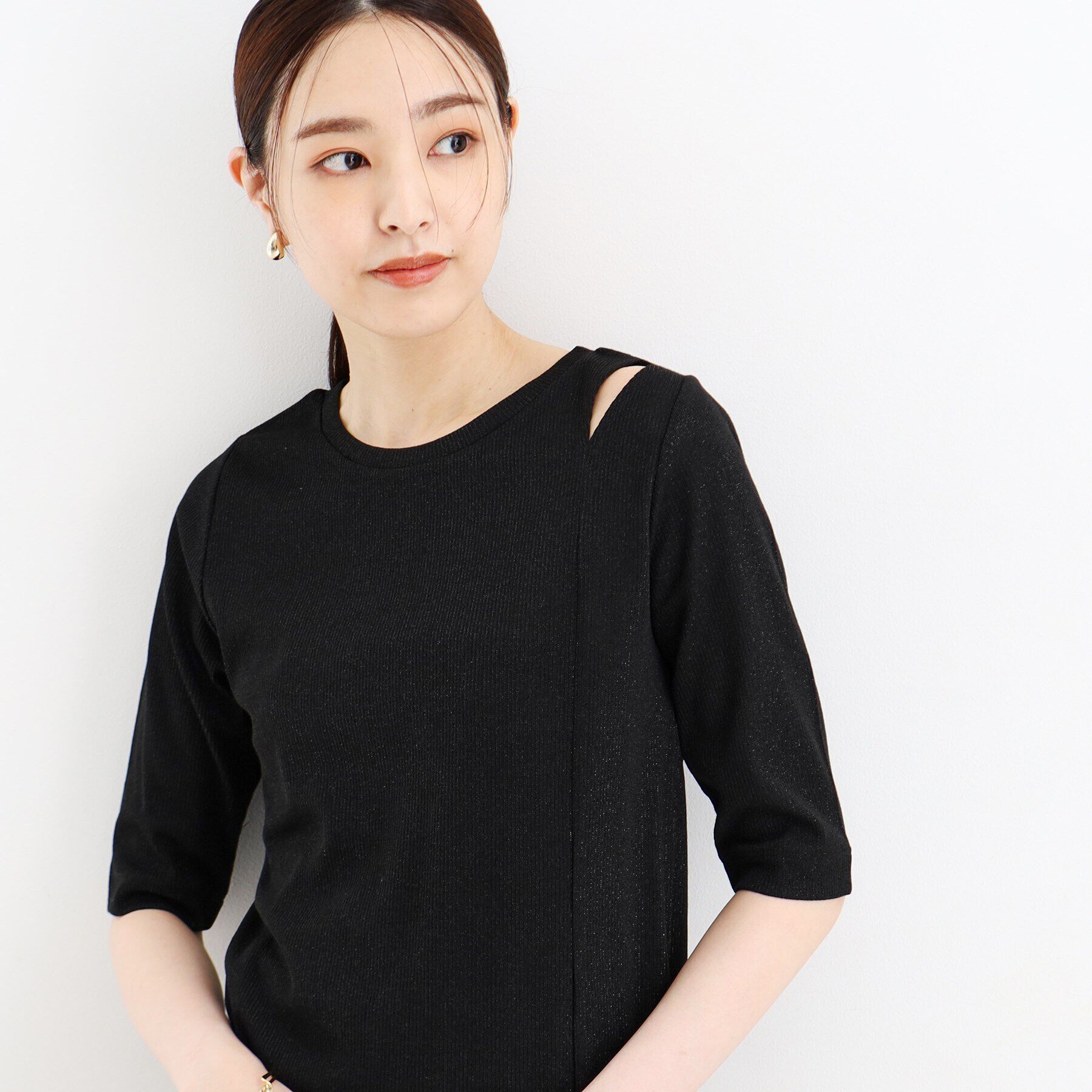 THE SHOP TK「【腕周りカバー】５分袖スリットラメ/洗える」|Tシャツ・カットソー|