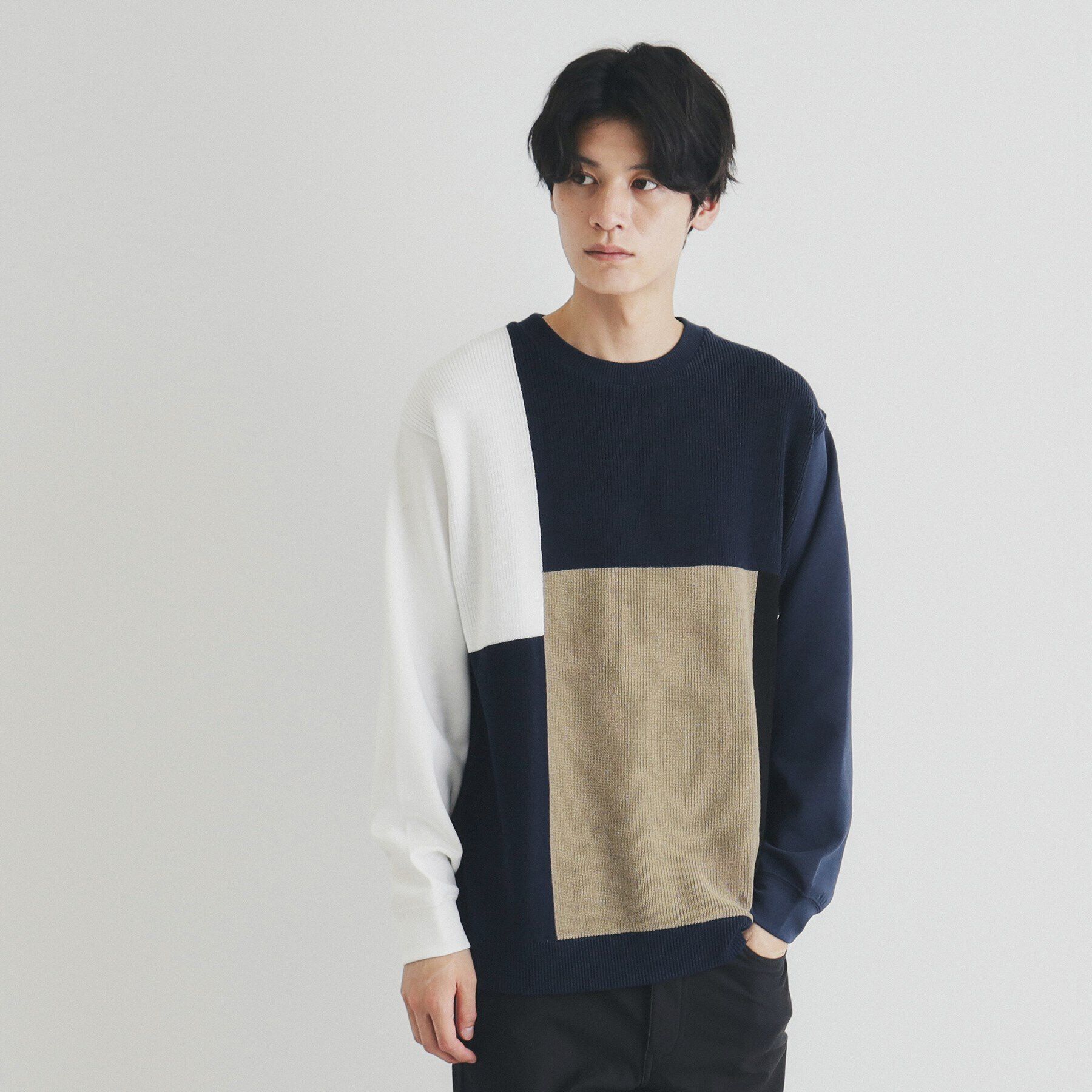 THE SHOP TK「異素材ブロッキングニットプルオーバー」|ニット・セーター|ネイビー(594)