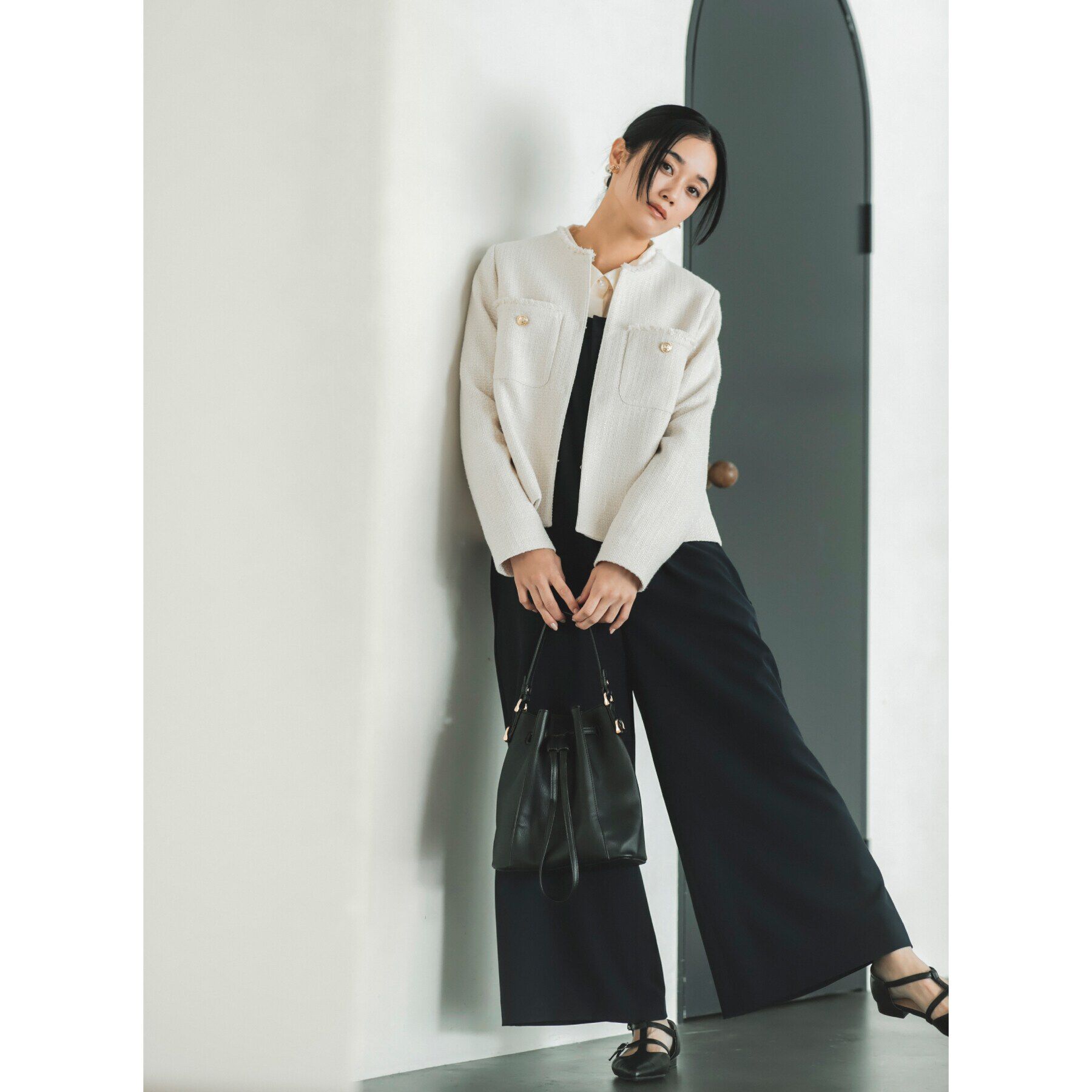 THE SHOP TK「【ONOFF活躍/セレモニー/通勤】ツイードノーカラージャケット/洗える」|ノーカラージャケット|