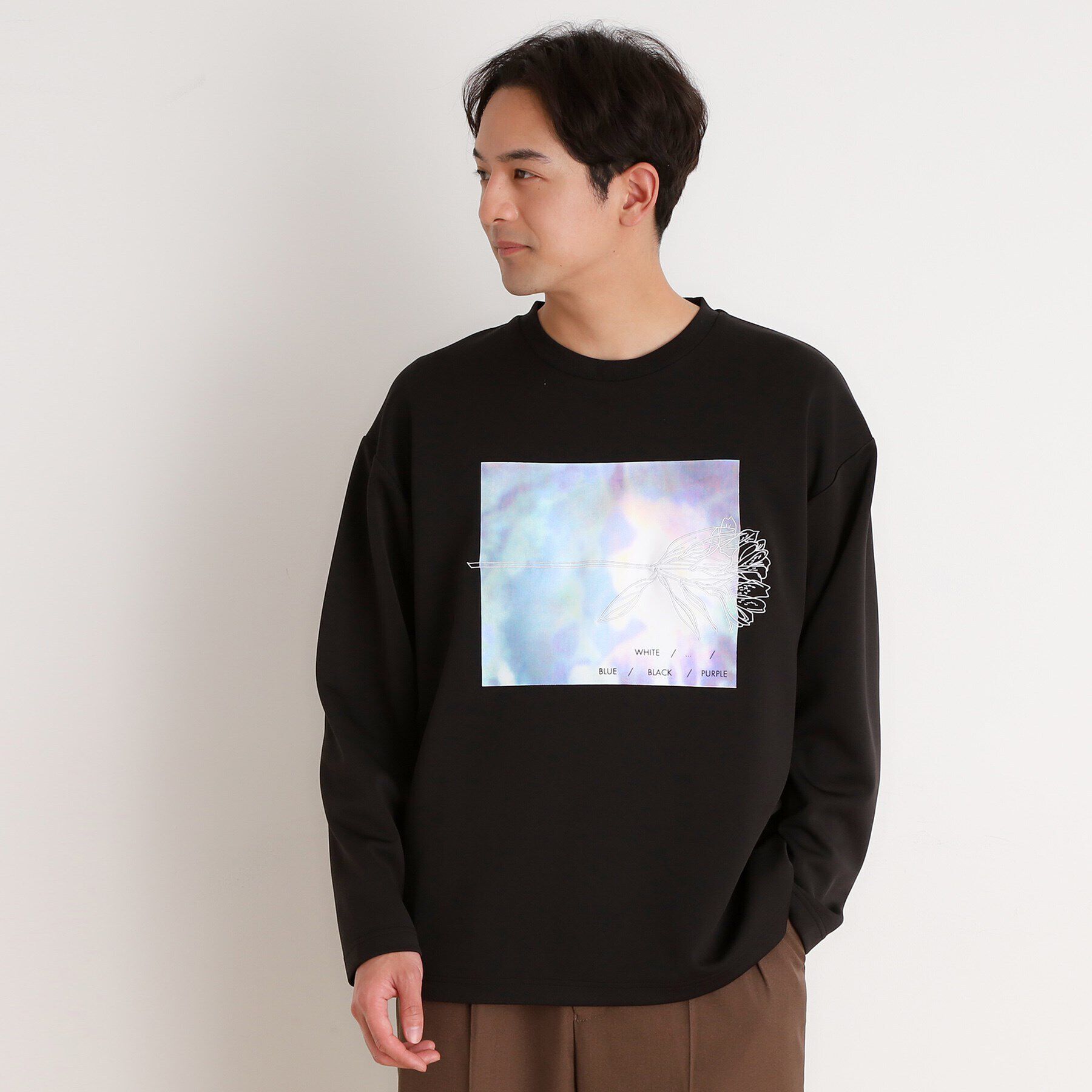 THE SHOP TK「フラワー刺繍＋グラフィックロングTシャツ」|Tシャツ・カットソー|ブラック(019)