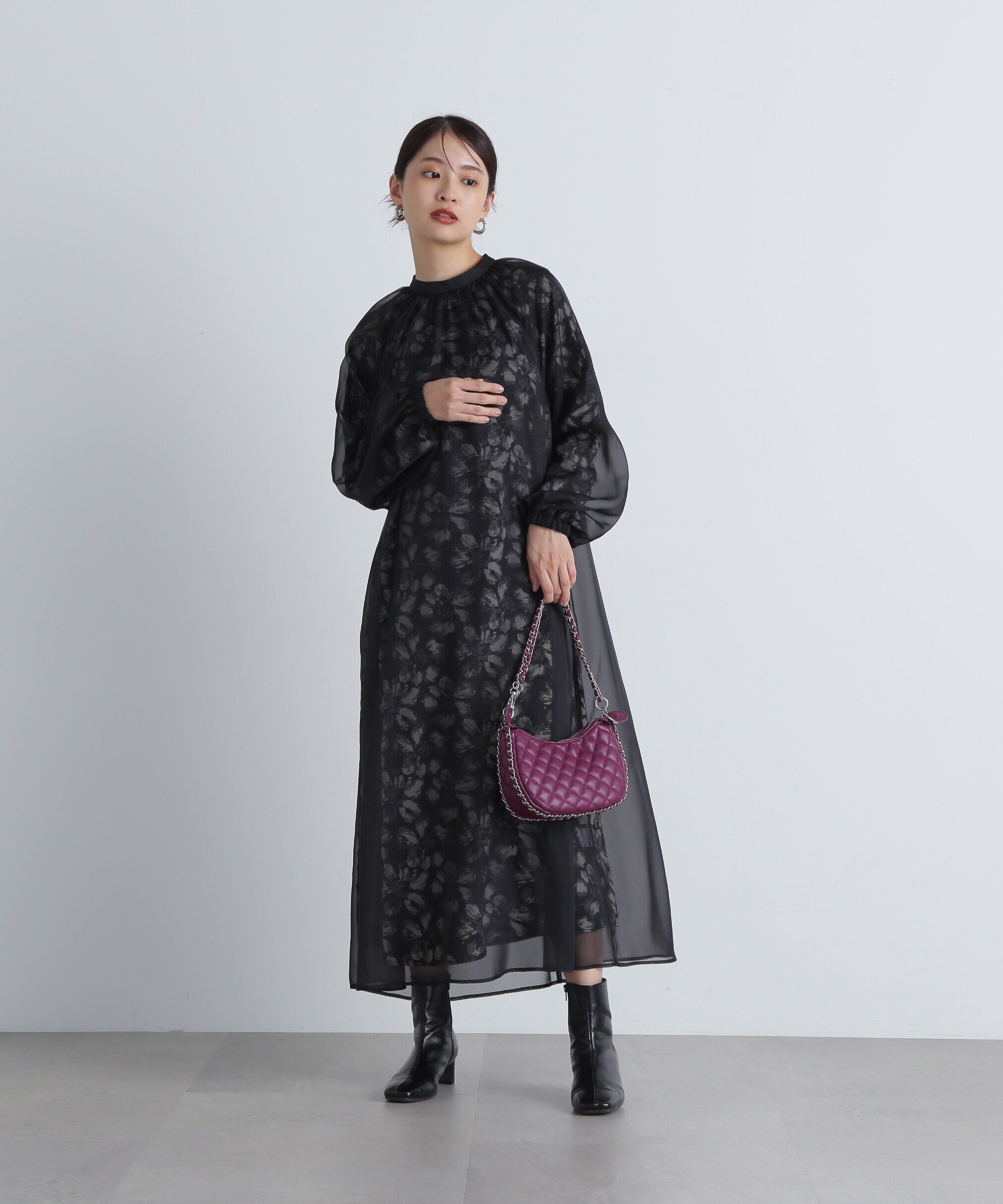  「シアーレイヤードプリントワンピース」|ワンピース|ブラック