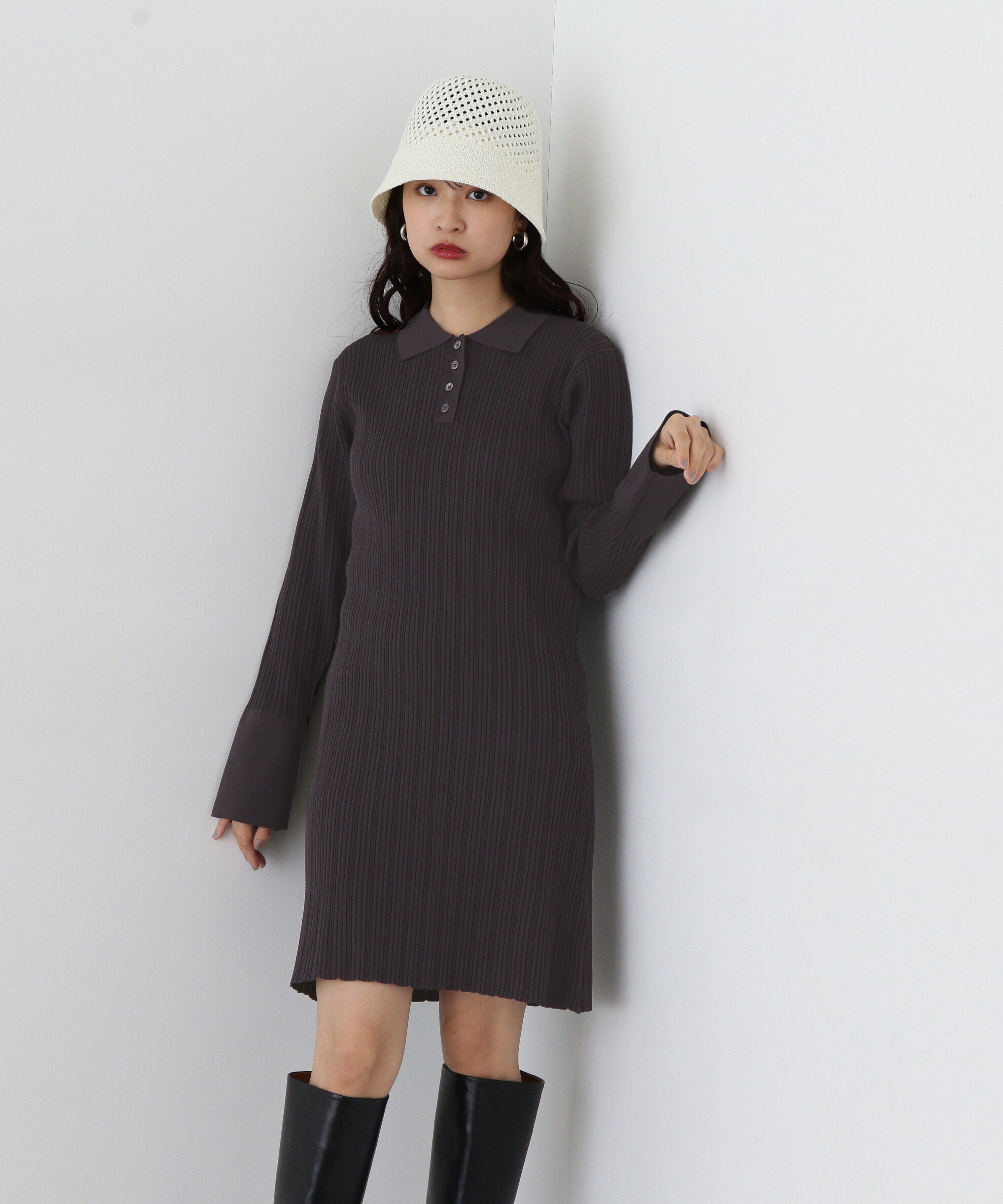  「フレアカフスポロミニワンピース」|ワンピース|チャコール1