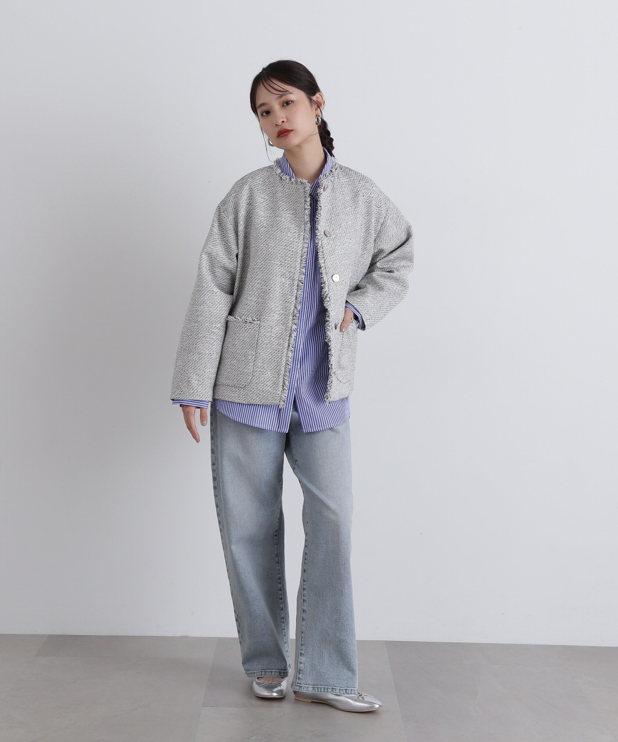  「ノーカラーツイードブルゾン」|ブルゾン・スタジャン|