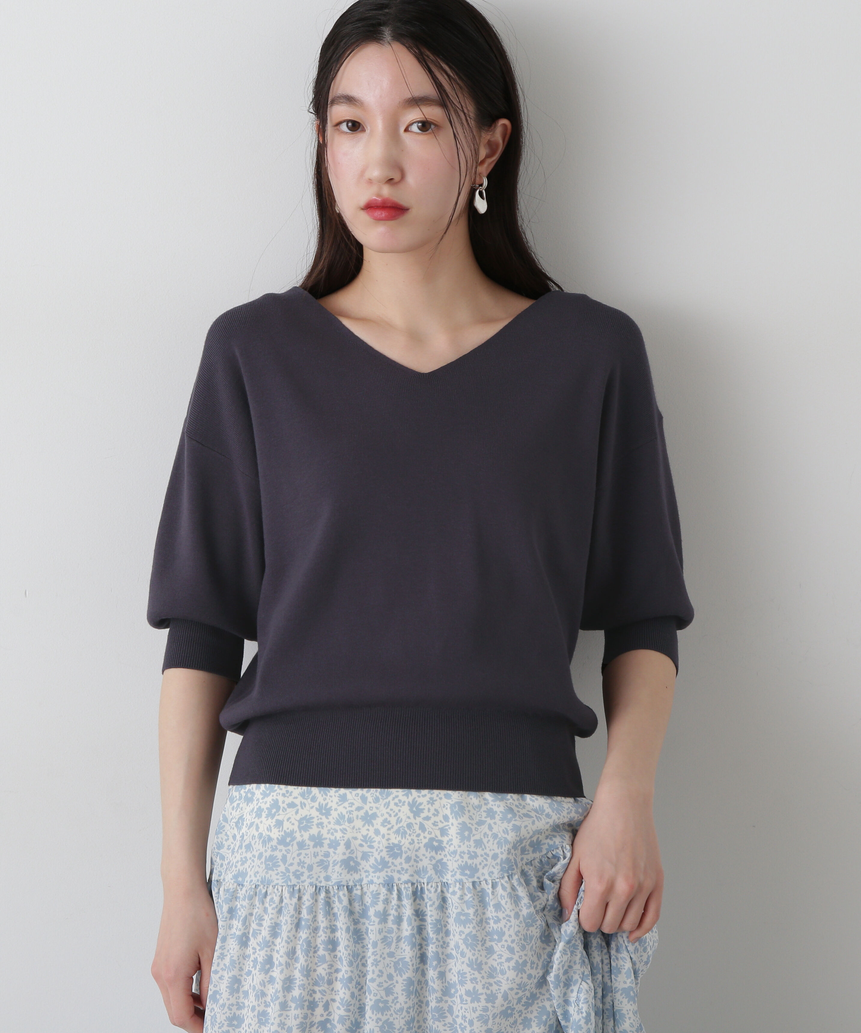  「総針Ｖネック五分袖ニット」|ニット・セーター|