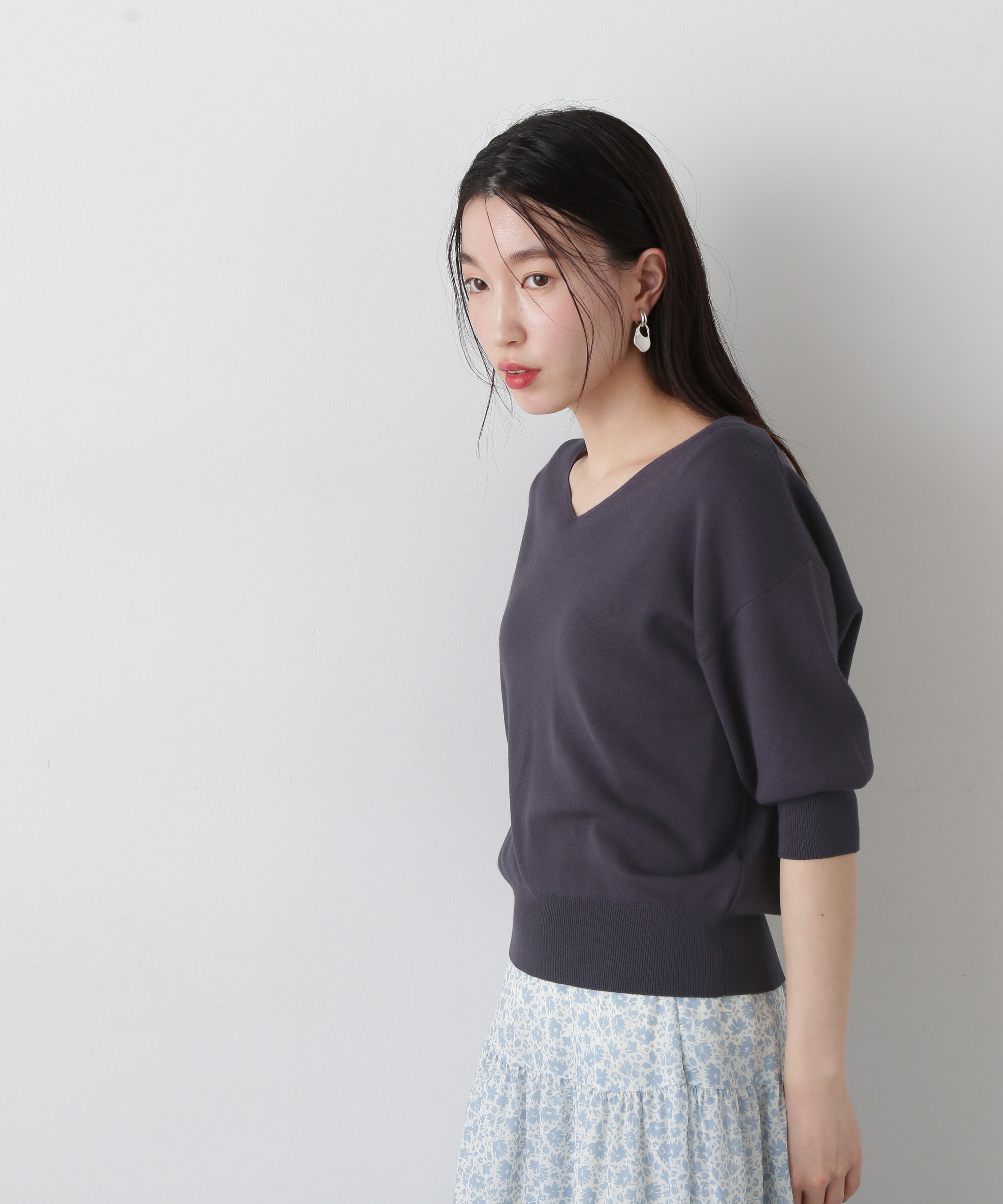  「総針Ｖネック五分袖ニット」|ニット・セーター|