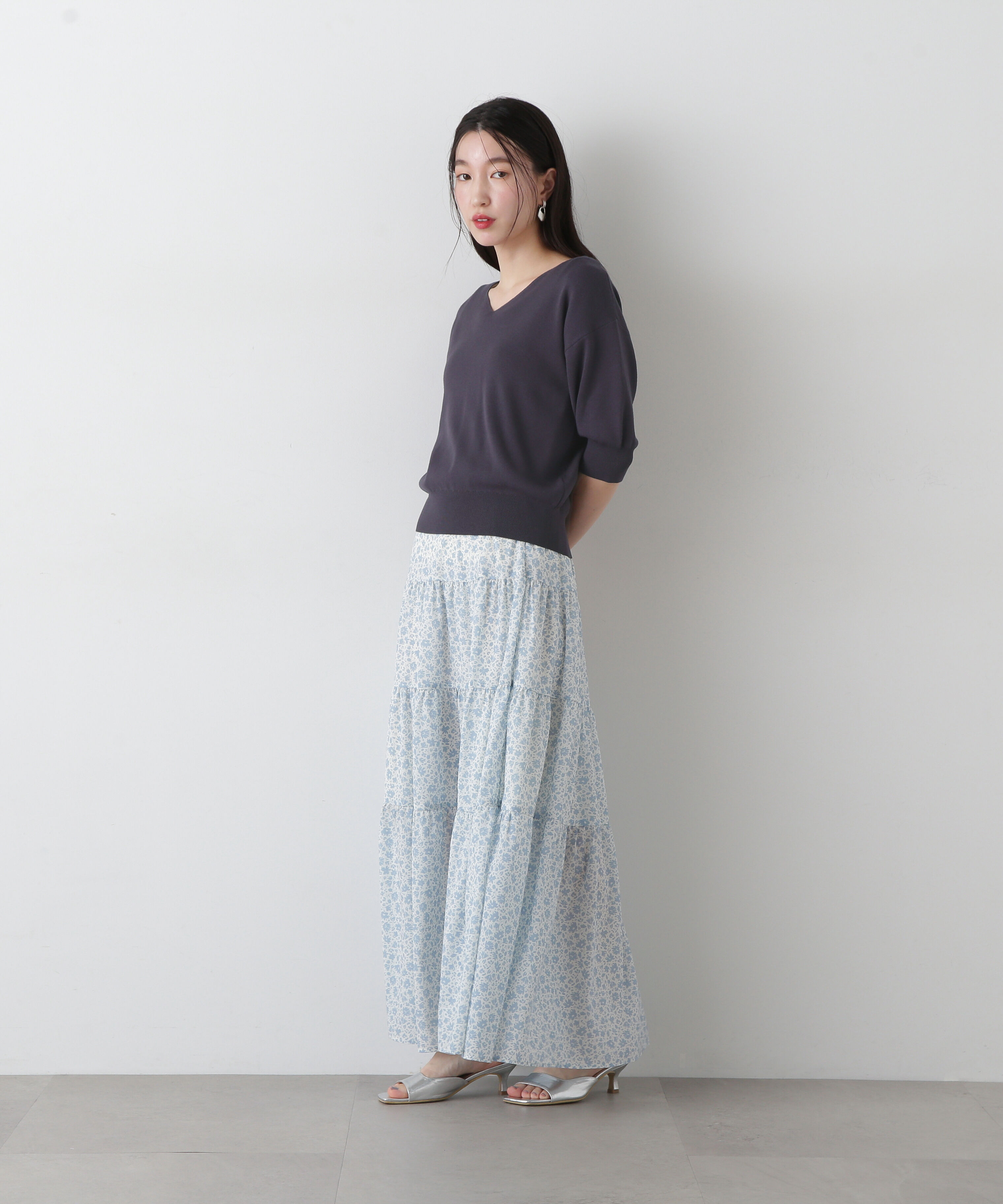  「総針Ｖネック五分袖ニット」|ニット・セーター|