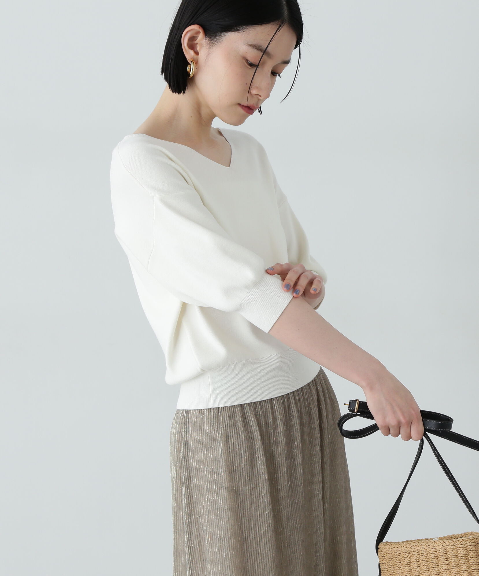  「総針Ｖネック五分袖ニット」|ニット・セーター|