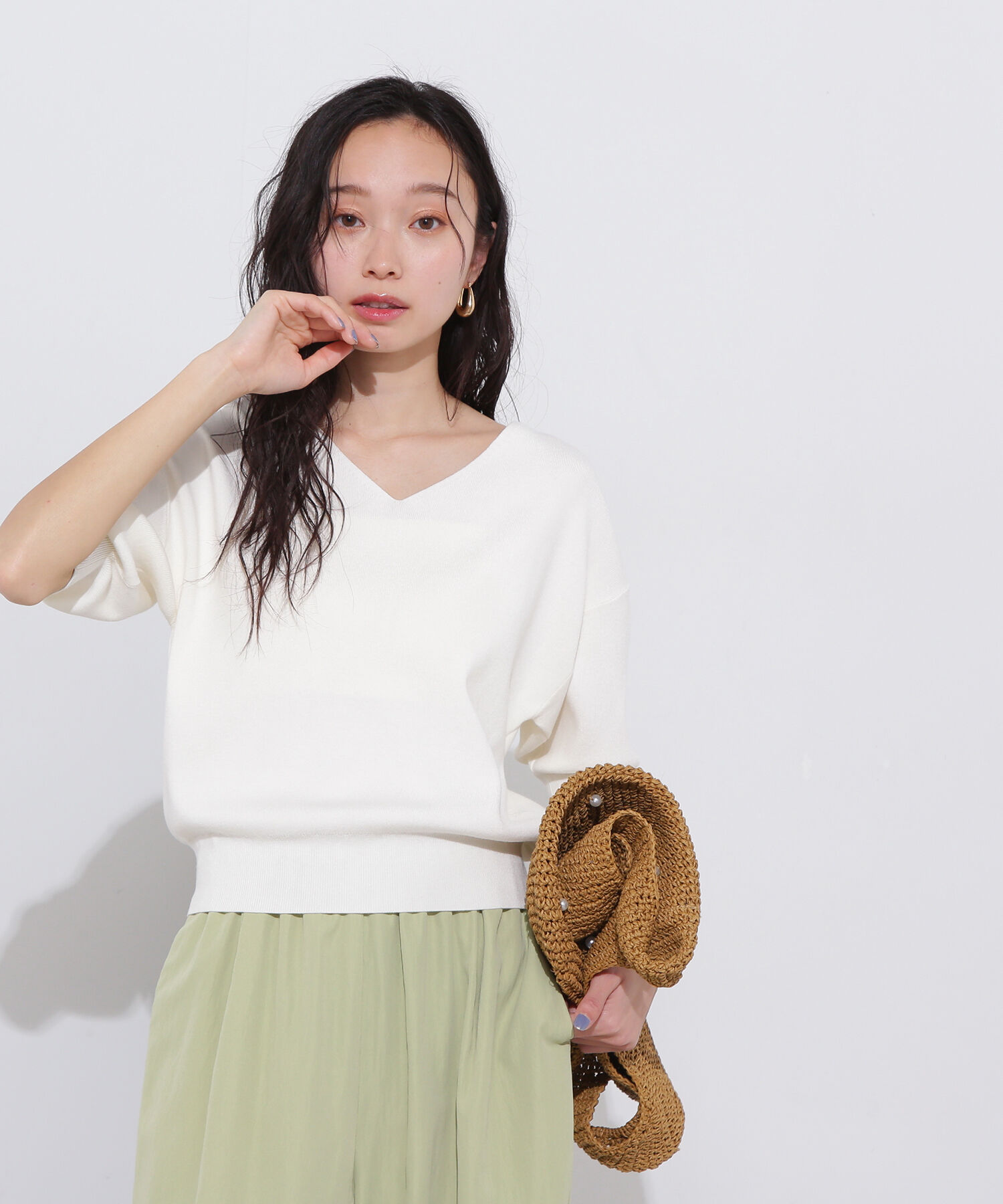  「総針Ｖネック五分袖ニット」|ニット・セーター|