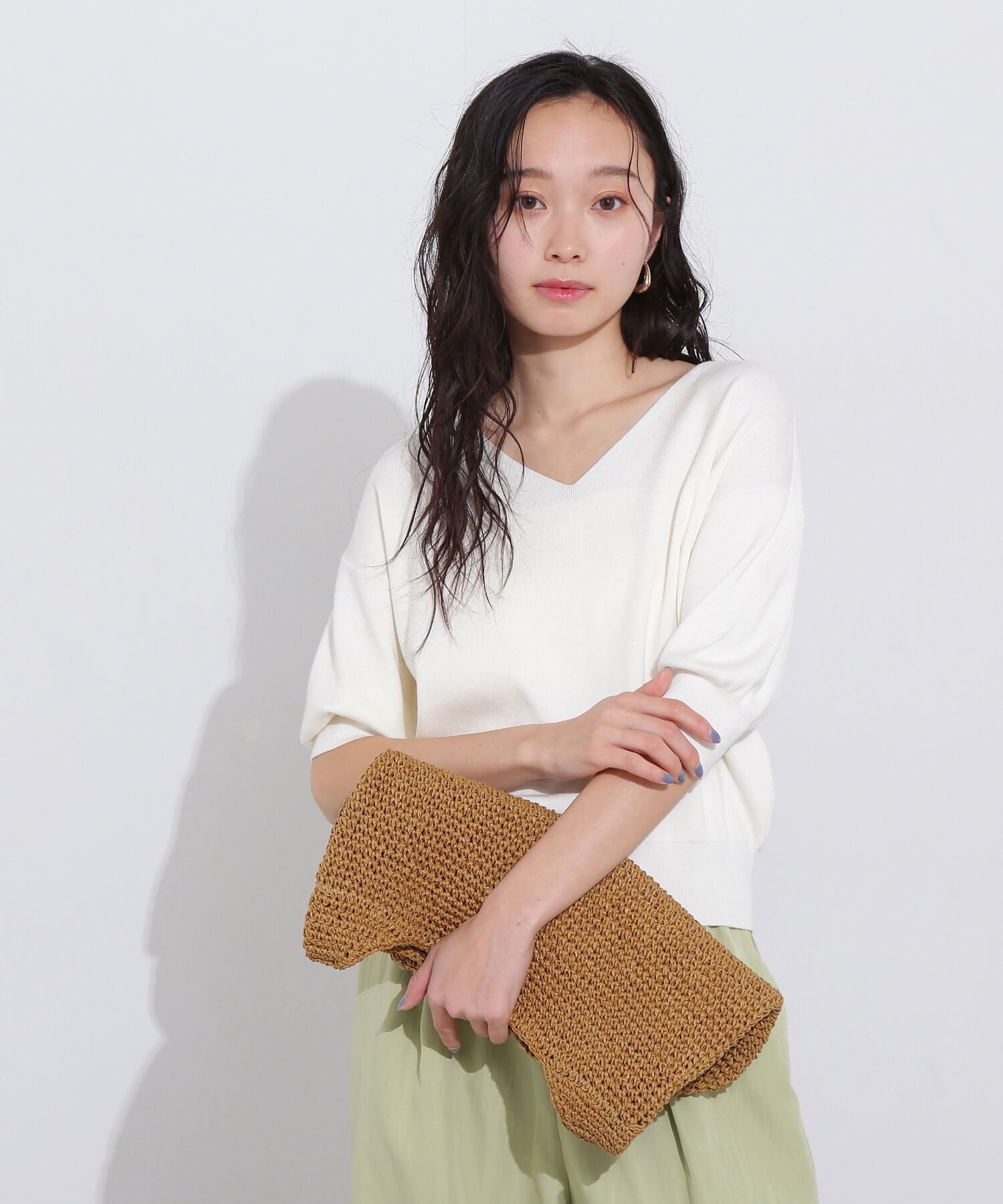  「総針Ｖネック五分袖ニット」|ニット・セーター|