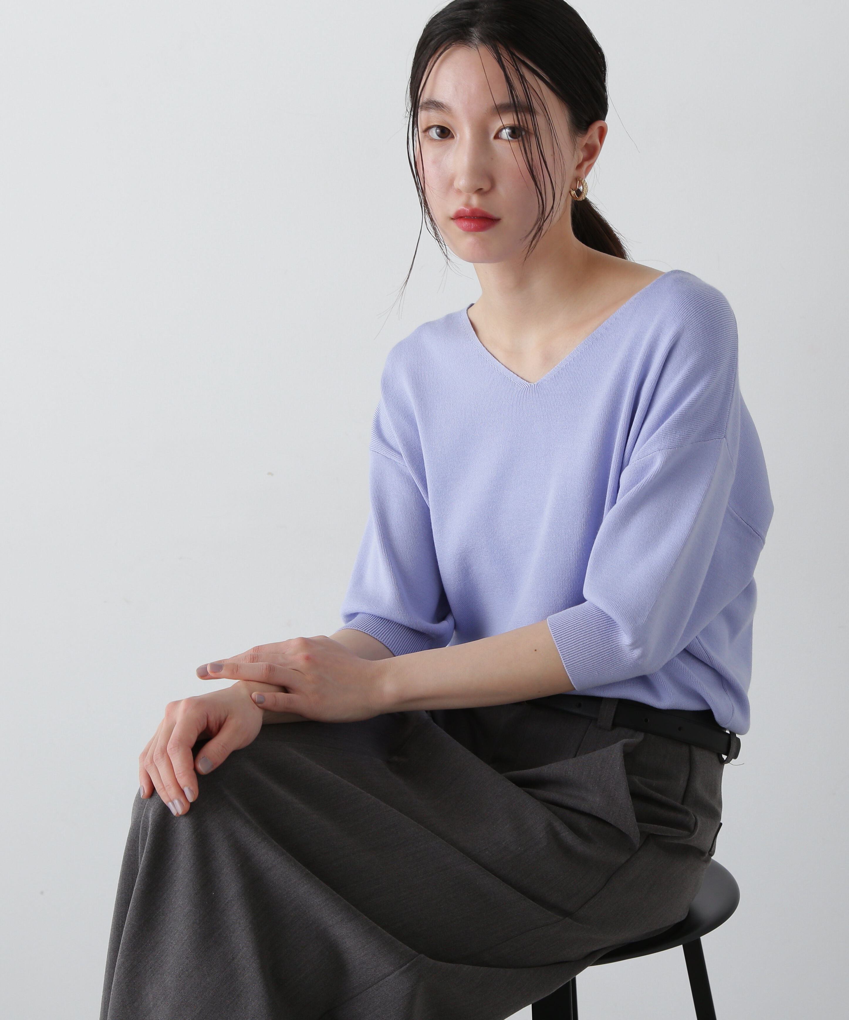  「総針Ｖネック五分袖ニット」|ニット・セーター|