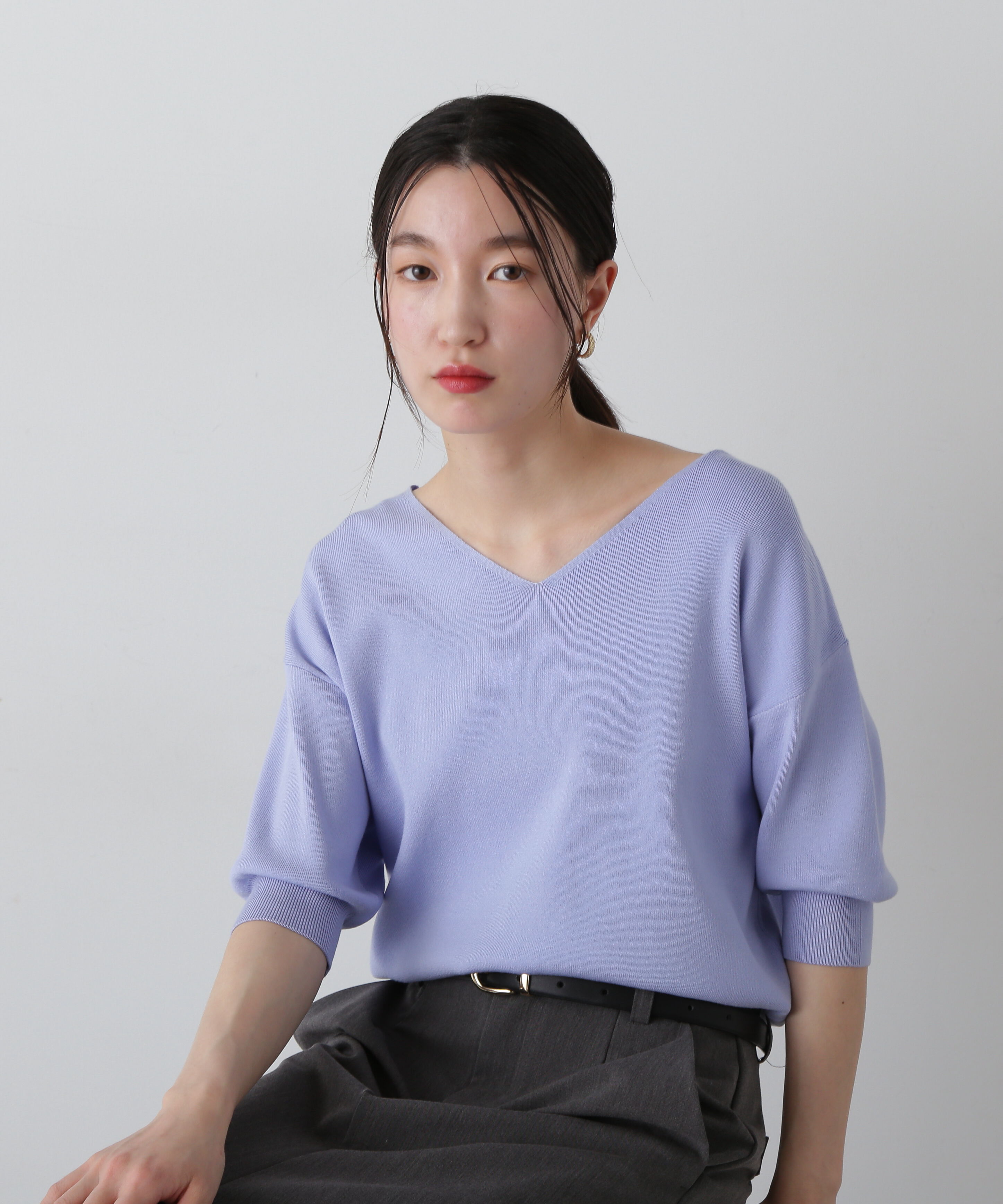  「総針Ｖネック五分袖ニット」|ニット・セーター|