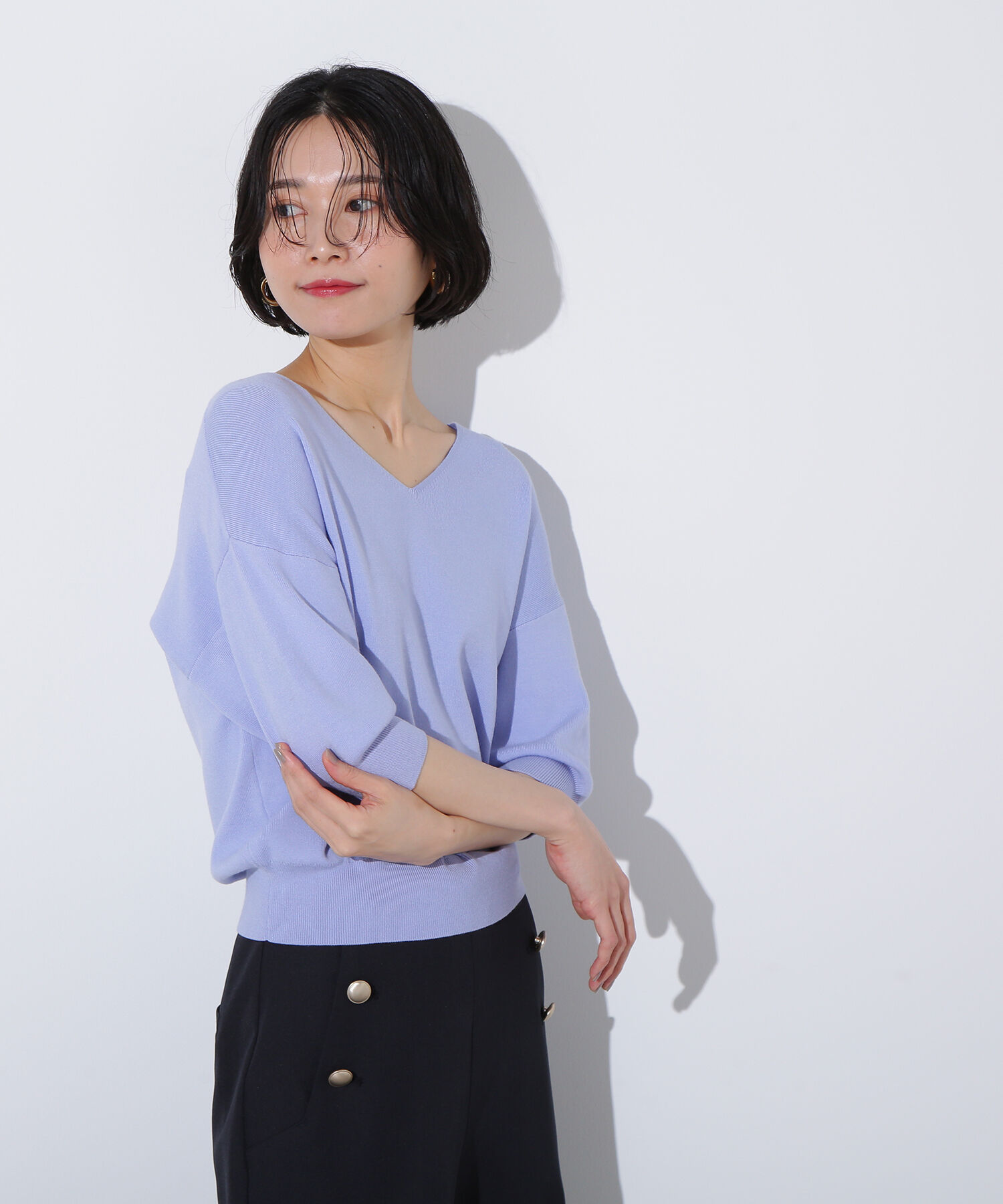  「総針Ｖネック五分袖ニット」|ニット・セーター|