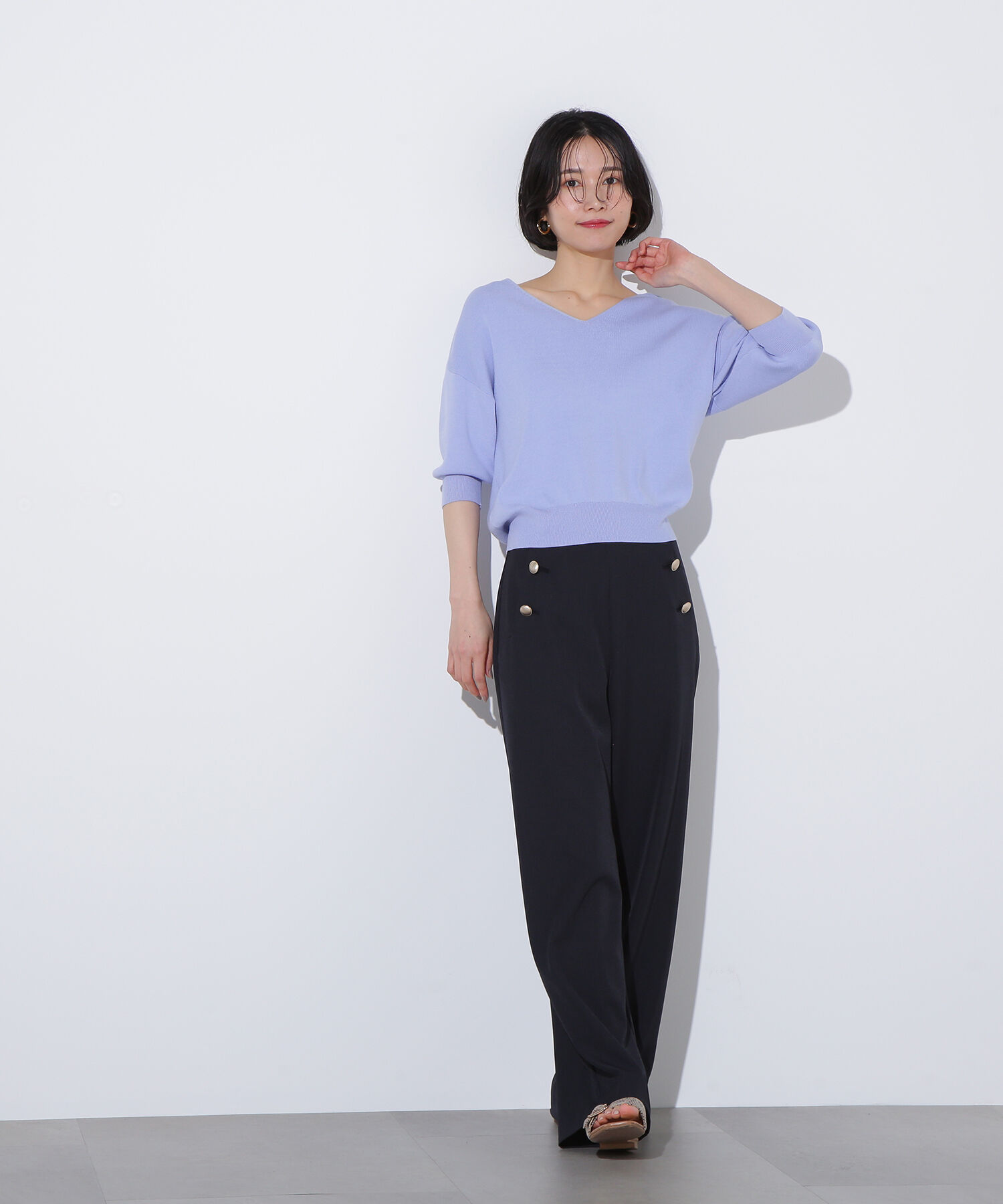  「総針Ｖネック五分袖ニット」|ニット・セーター|