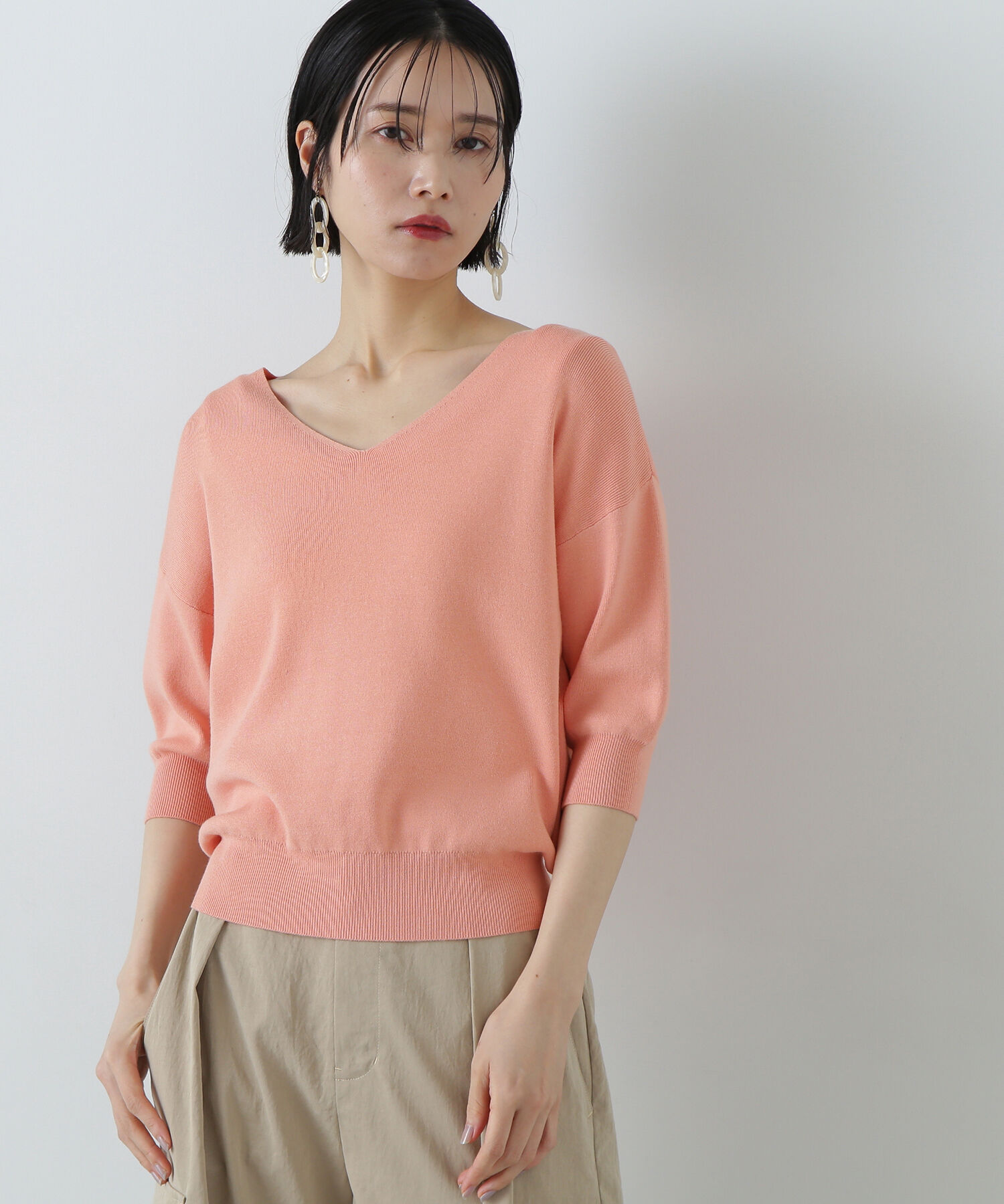  「総針Ｖネック五分袖ニット」|ニット・セーター|オレンジ