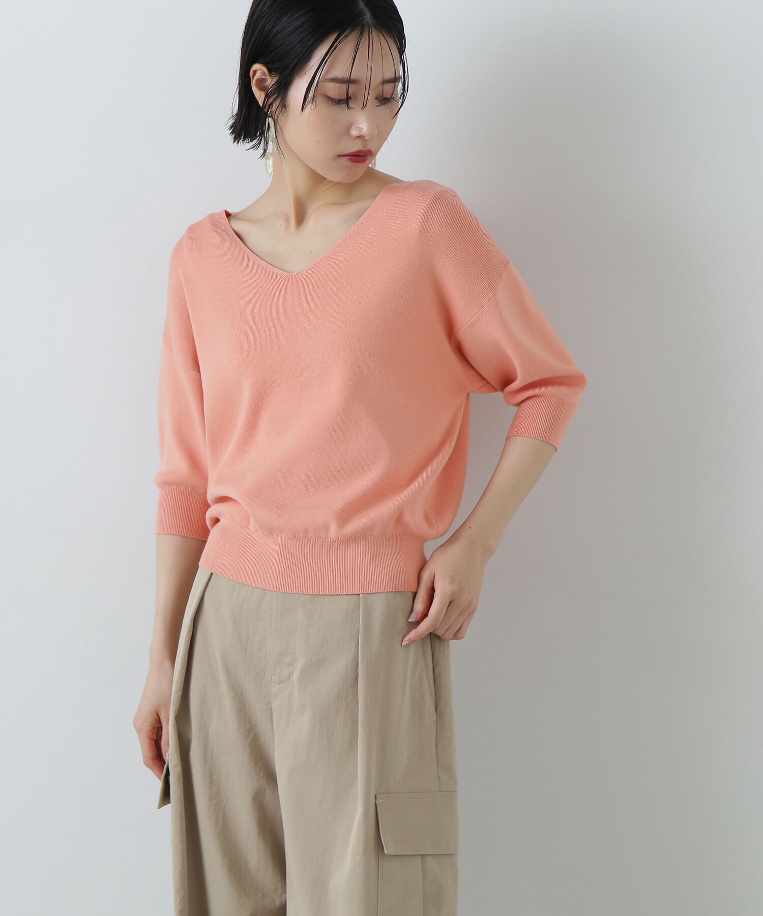  「総針Ｖネック五分袖ニット」|ニット・セーター|