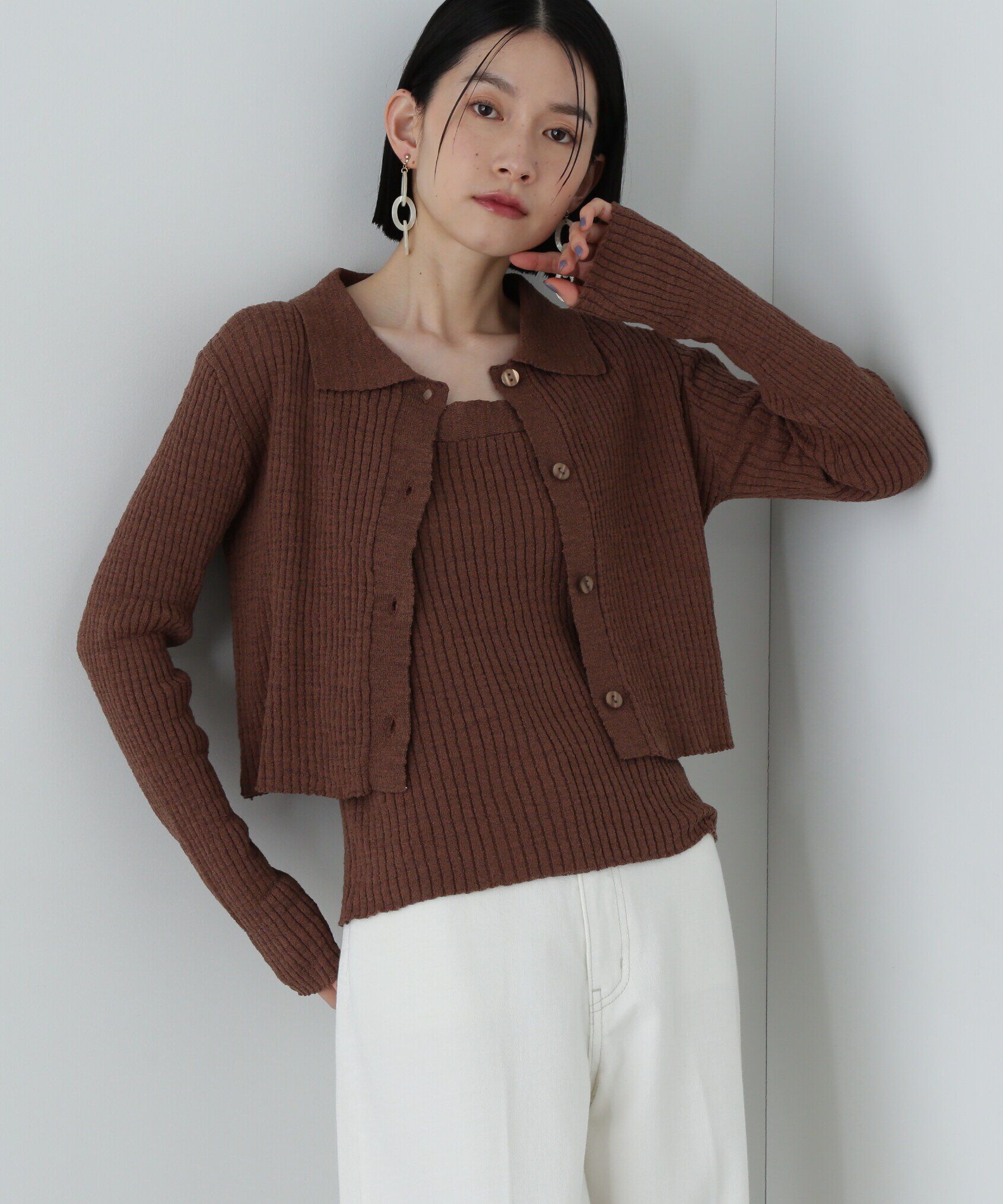 「襟付きカーディガン＆キャミセット」|ニット・セーター|ブラウン