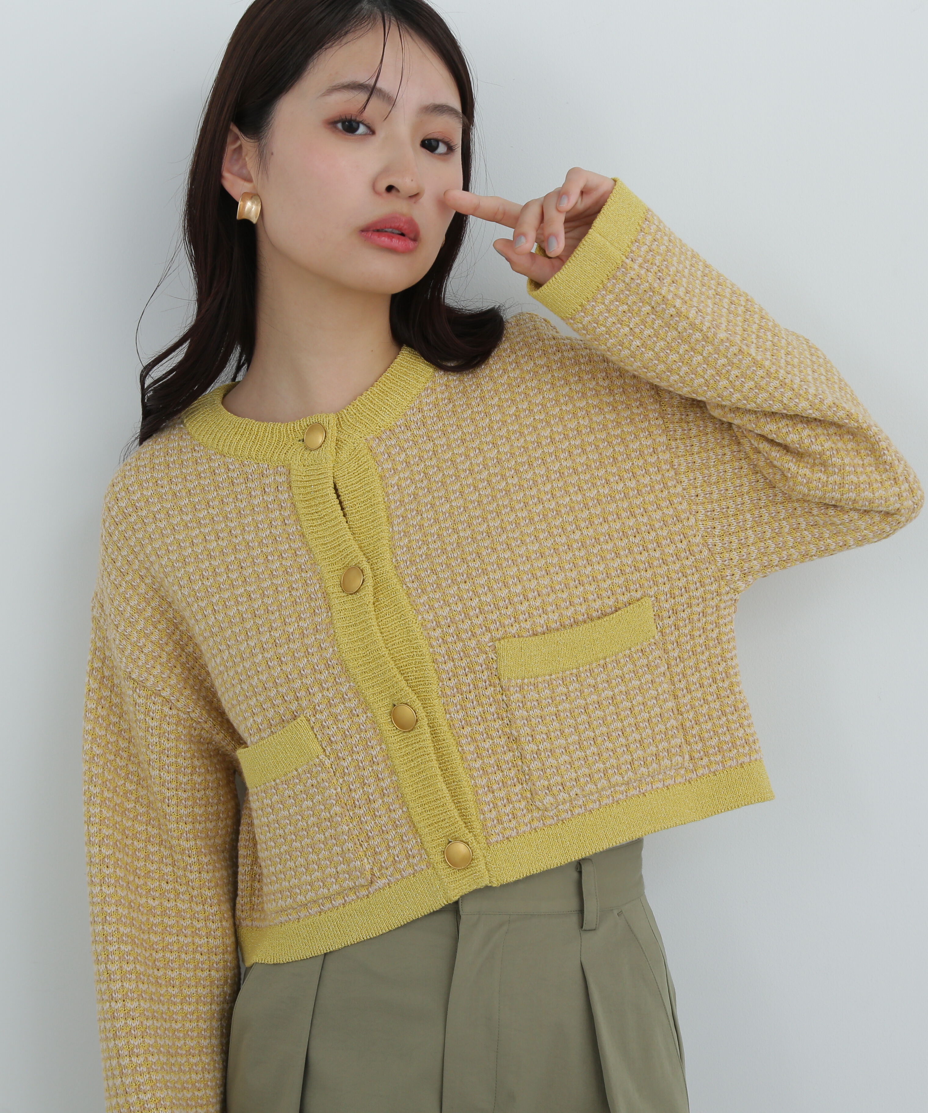  「ツイードライクショートニットブルゾン」|ニット・セーター|イエロー
