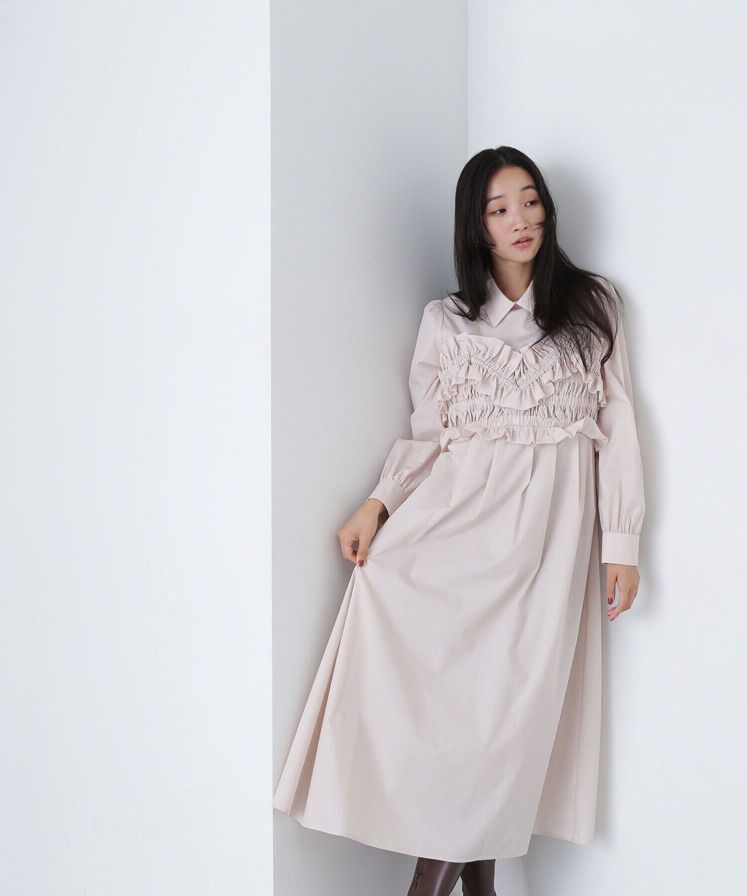  「シャーリングビスチェシャツワンピース」|ワンピース|
