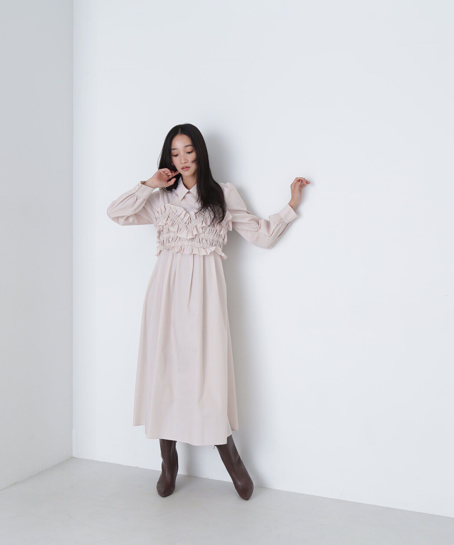  「シャーリングビスチェシャツワンピース」|ワンピース|