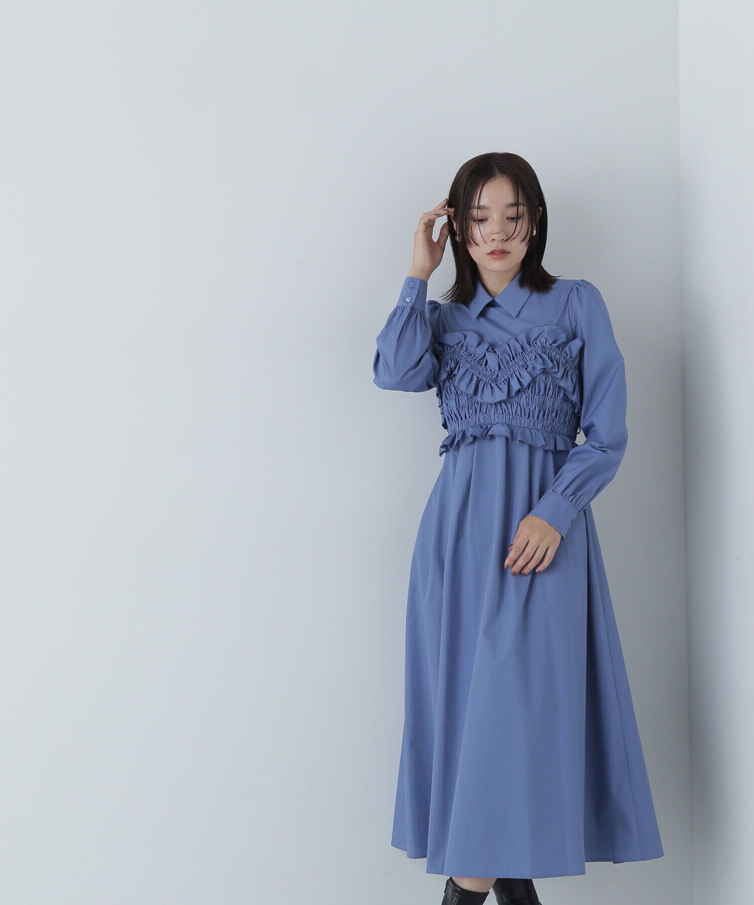  「シャーリングビスチェシャツワンピース」|ワンピース|