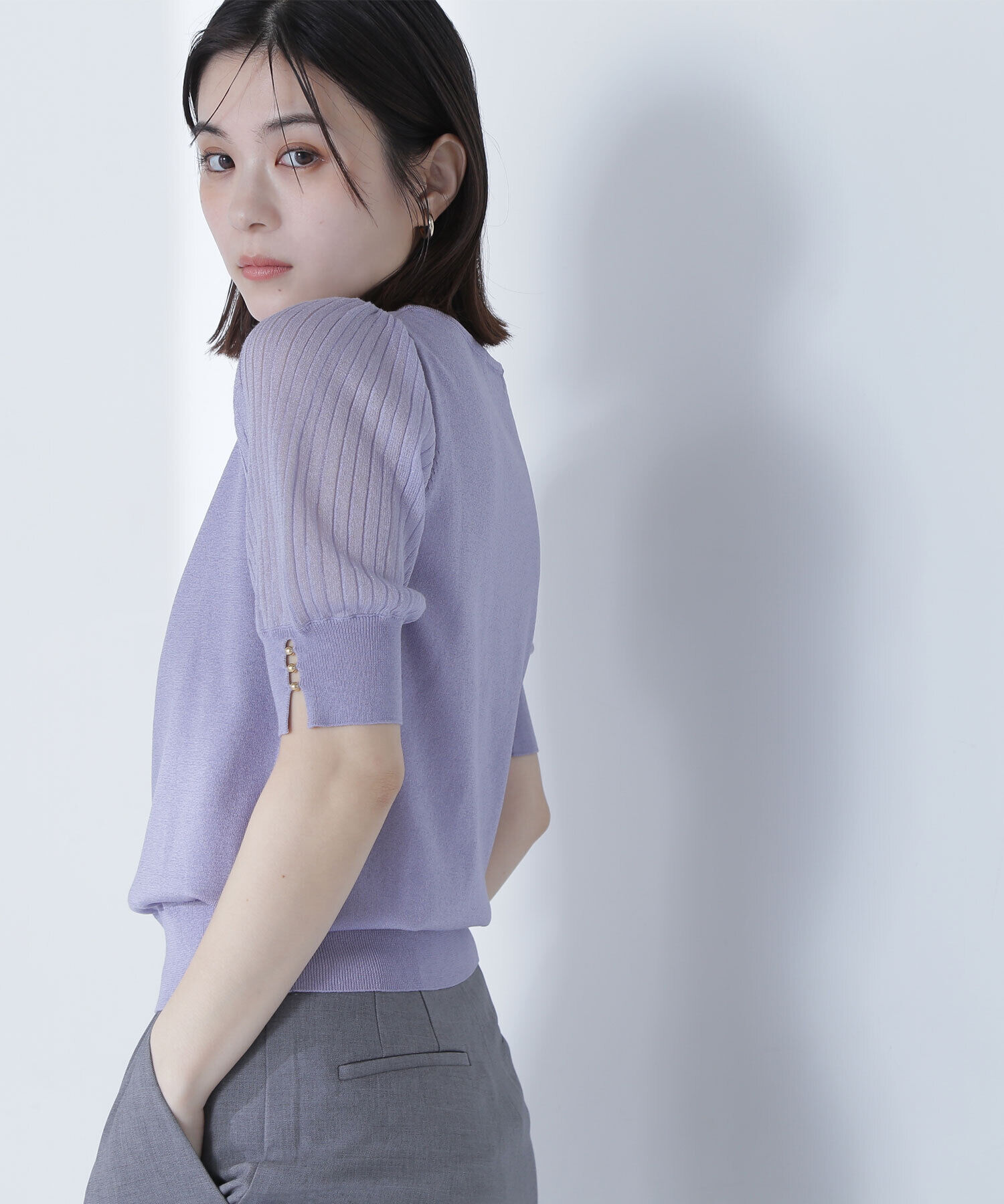  「シアーラメプリーツスリーブニット」|ニット・セーター|ラベンダー