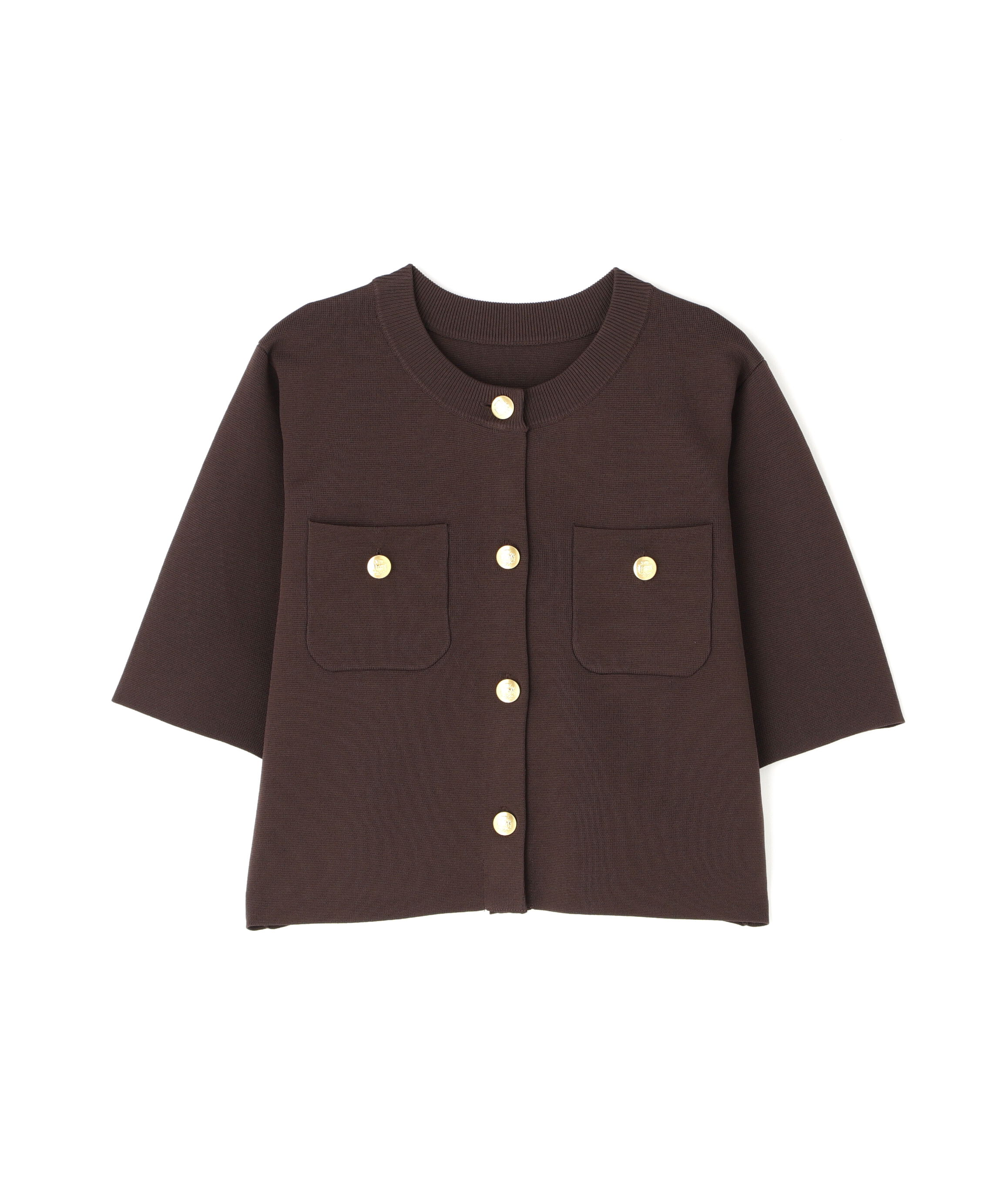  「エンブレムボタンニットジャケット半袖」|ニット・セーター|