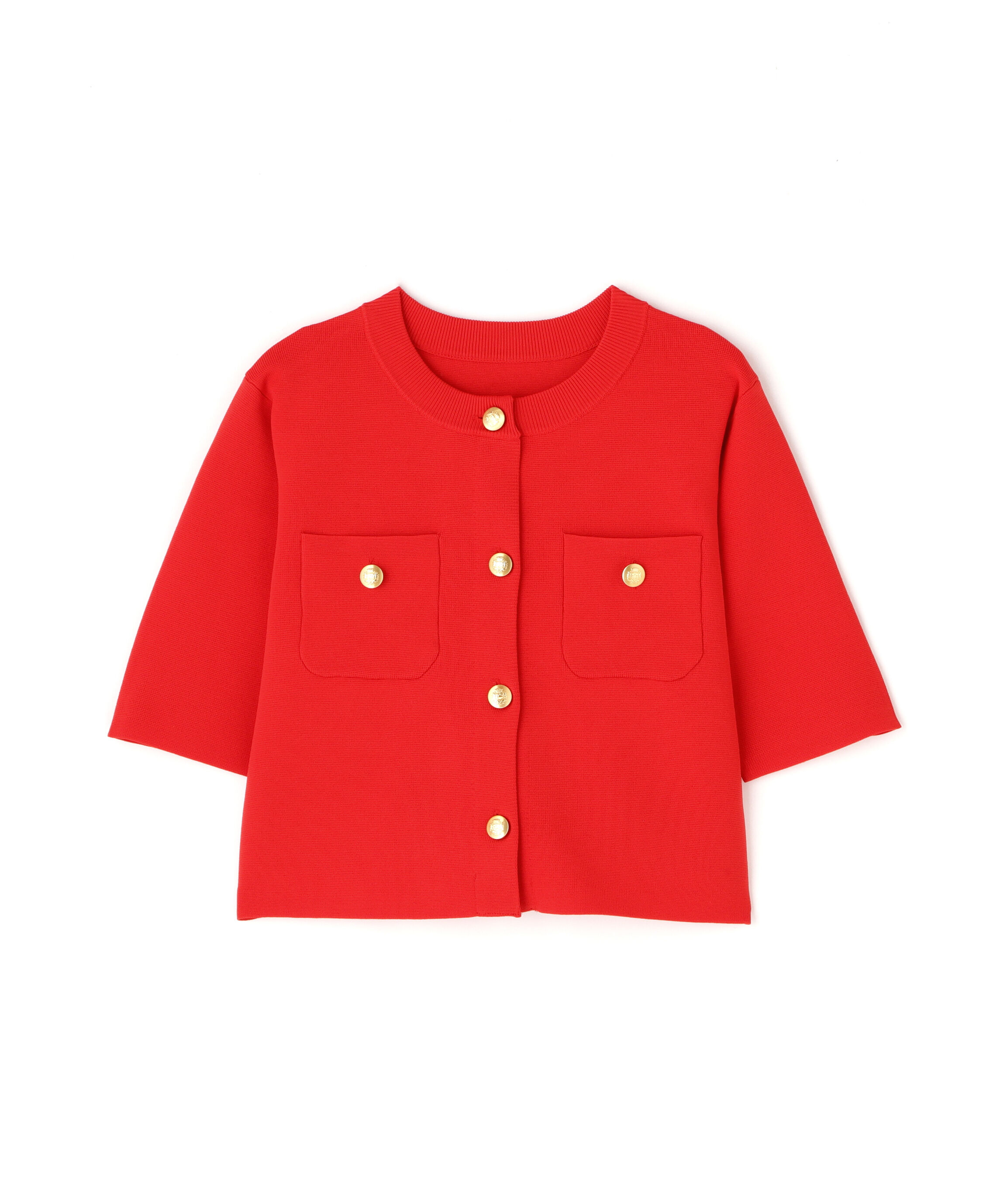  「エンブレムボタンニットジャケット半袖」|ニット・セーター|