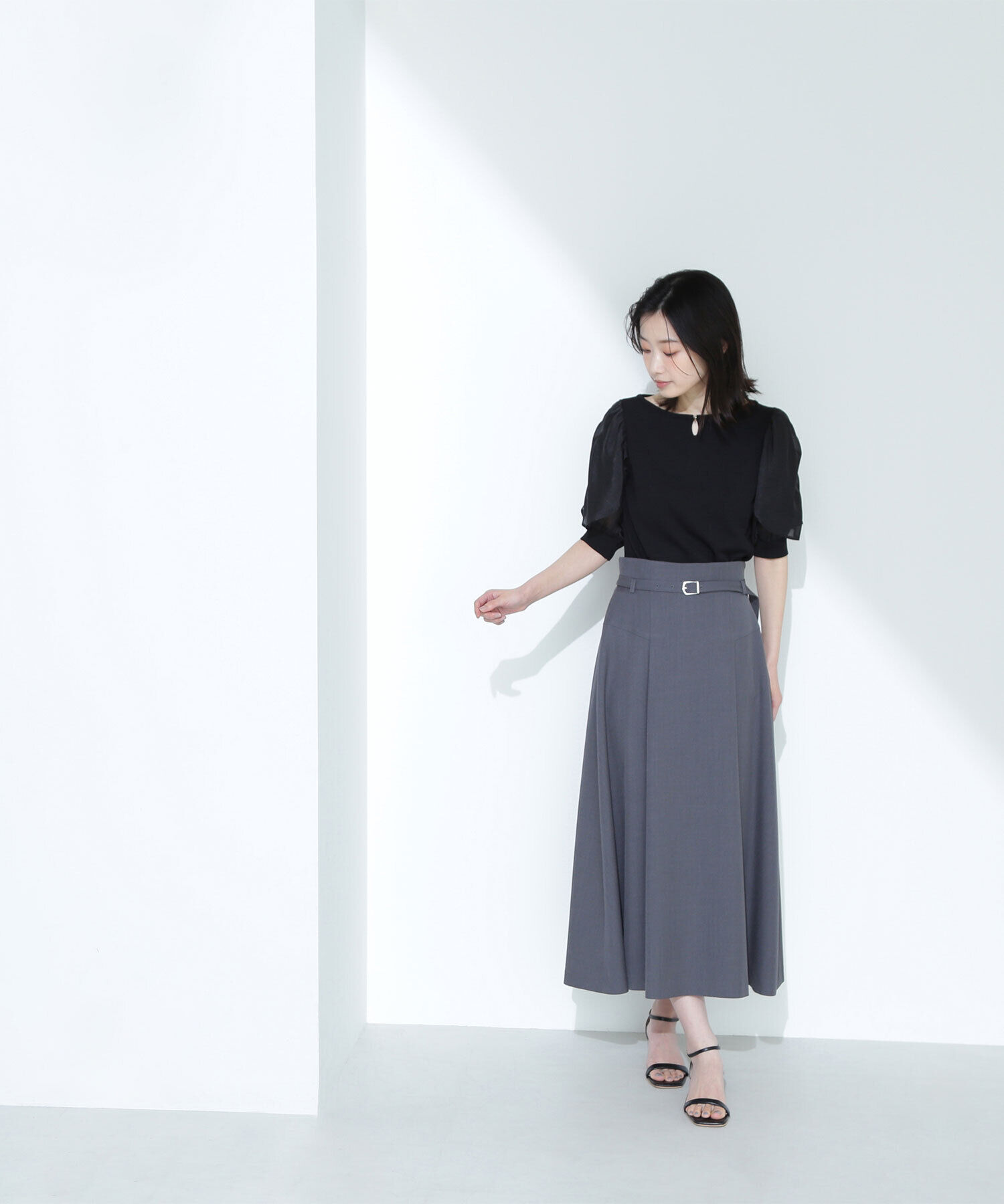  「ハイウエスト切替フレアスカート」|スカート|チャコール1