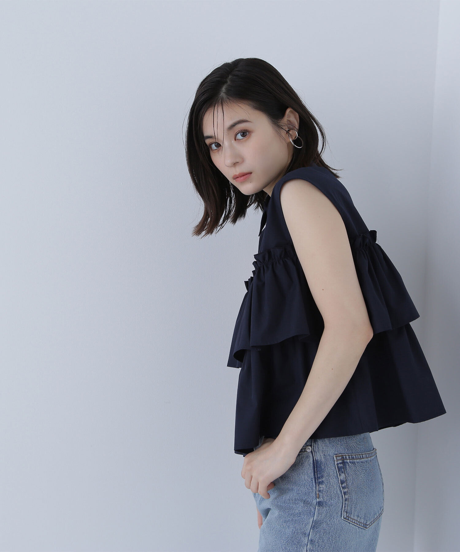  「ティアードフリルシャツ」|シャツ・ブラウス|ネイビー