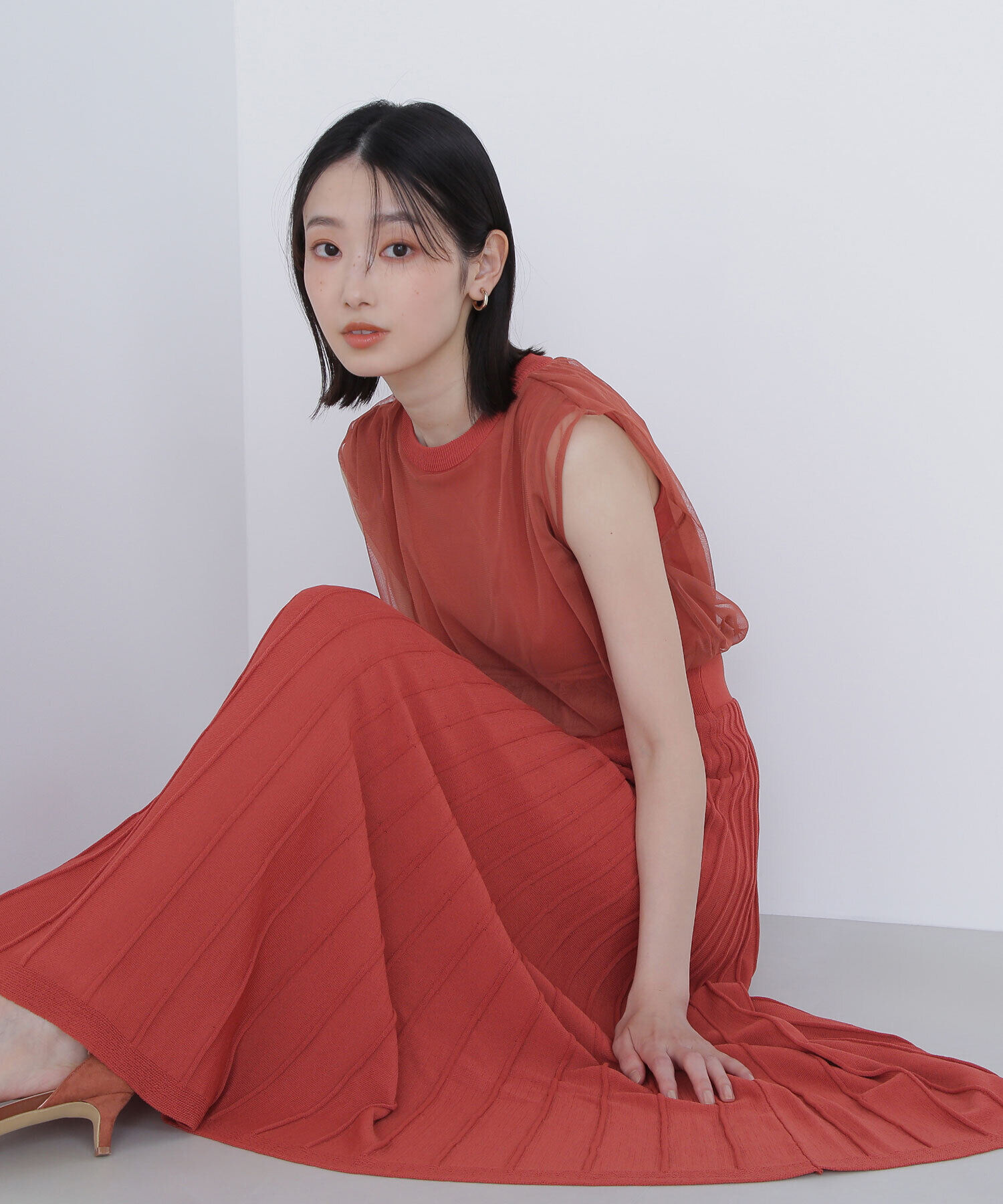  「チュールドッキングニットワンピース」|ワンピース|オレンジ1