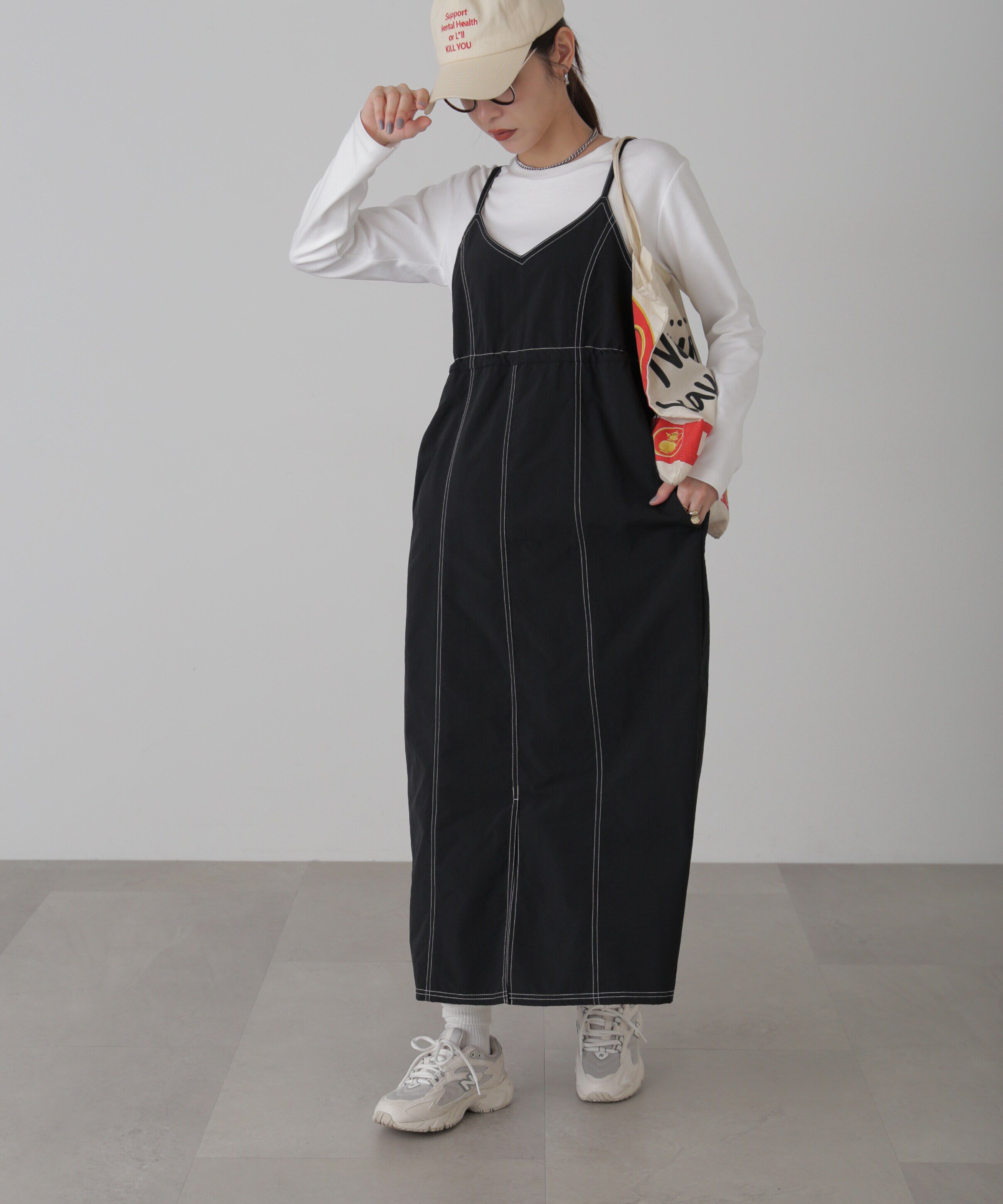  「配色ステッチナイロンキャミワンピース」|ワンピース|ブラック