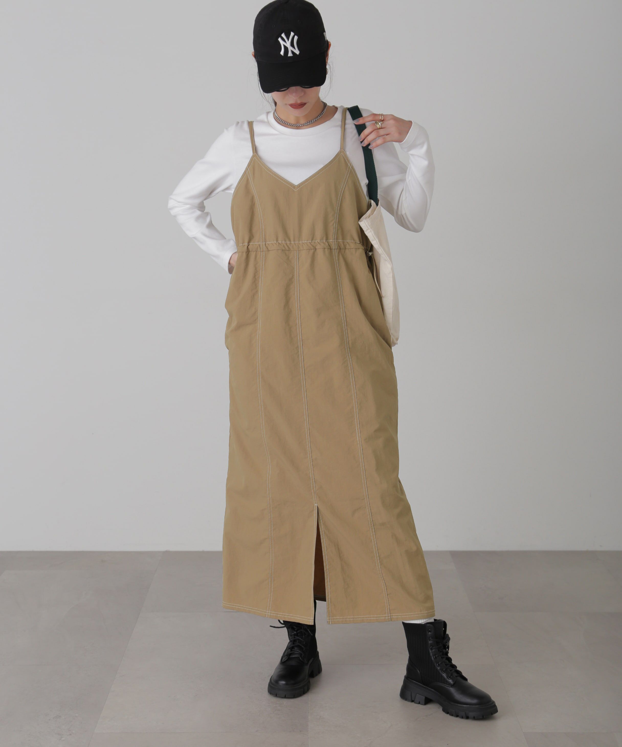  「配色ステッチナイロンキャミワンピース」|ワンピース|ベージュ