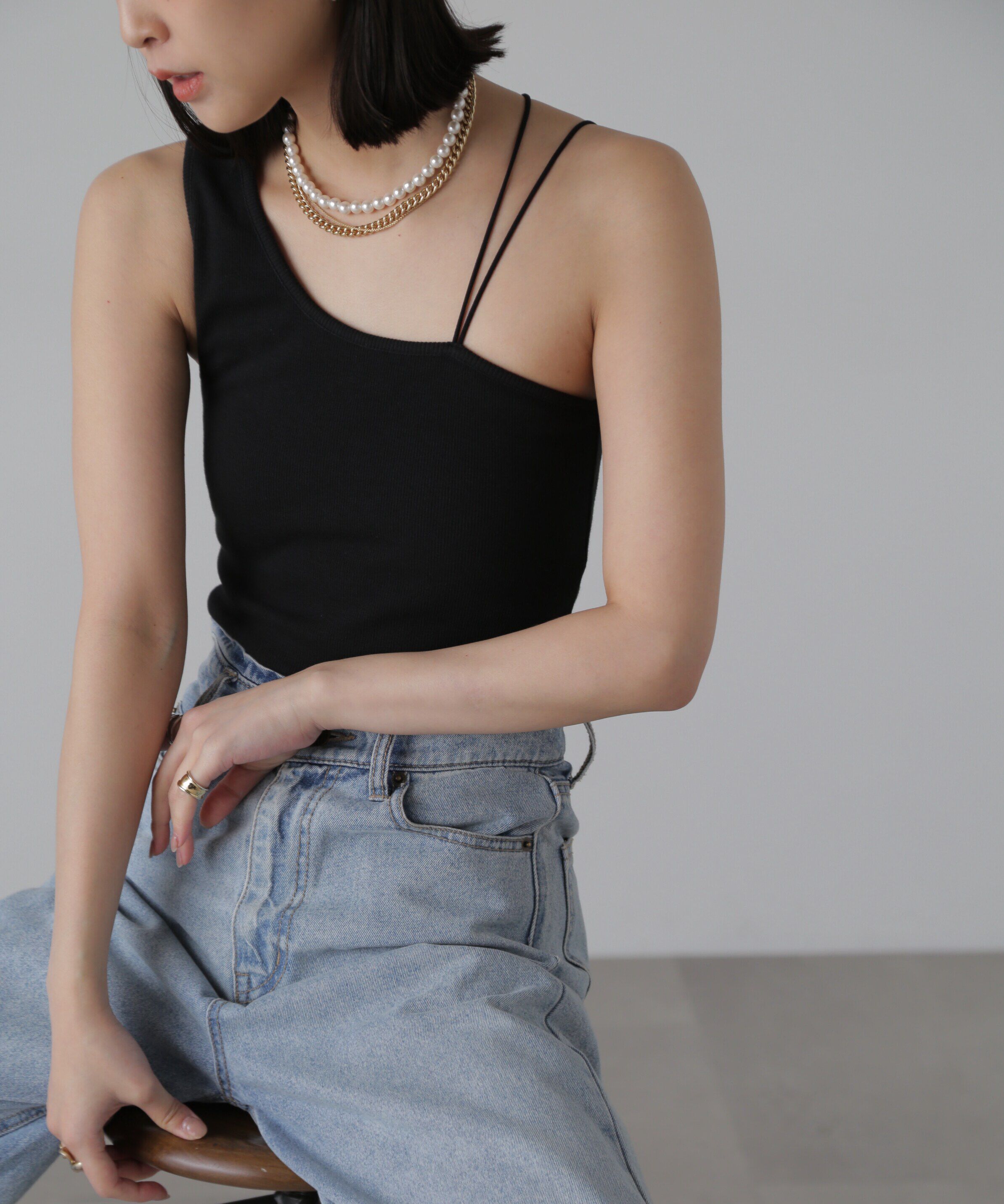  「ワンショルダーカップ付きテレコタンク」|Tシャツ・カットソー|ブラック