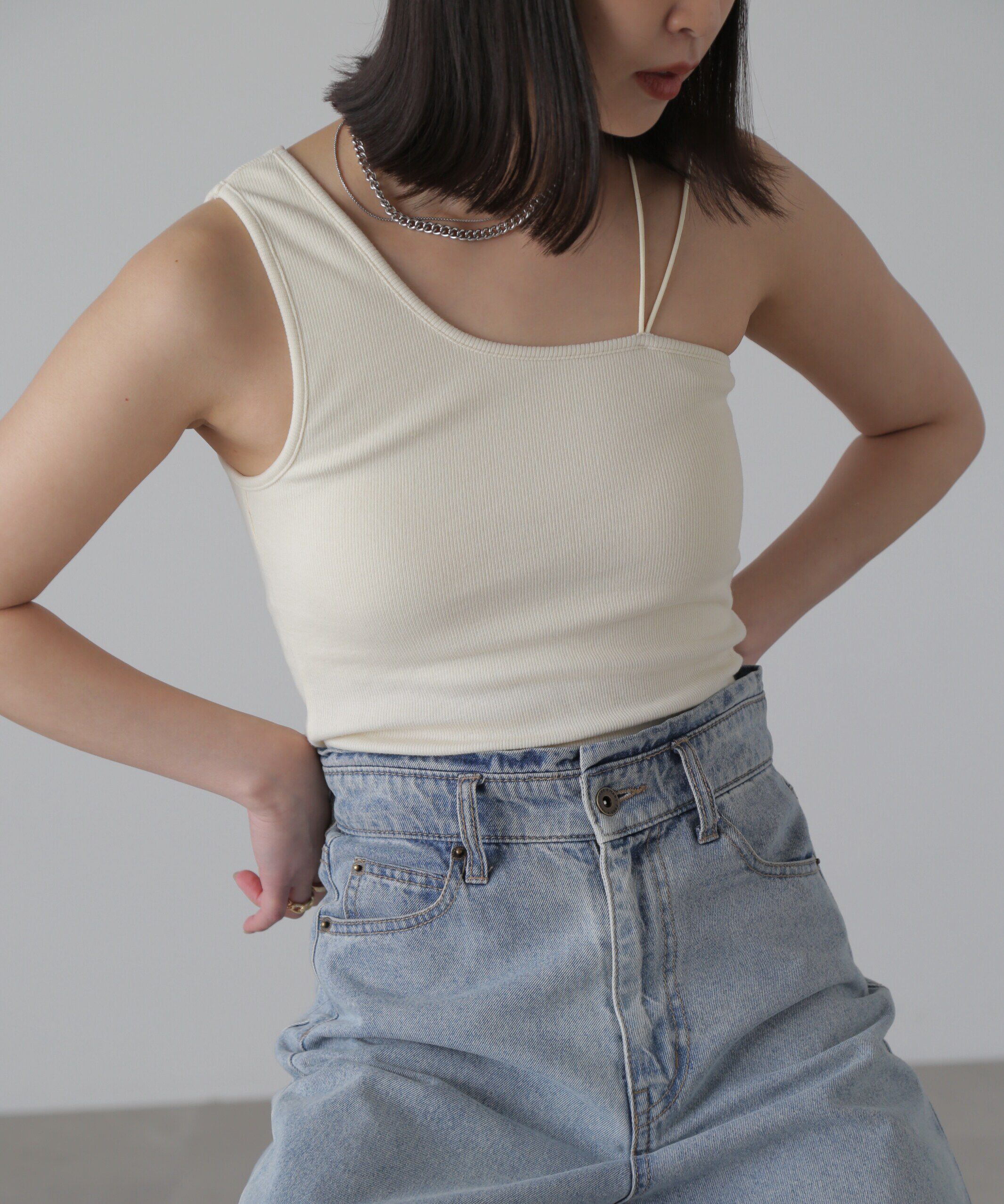  「ワンショルダーカップ付きテレコタンク」|Tシャツ・カットソー|