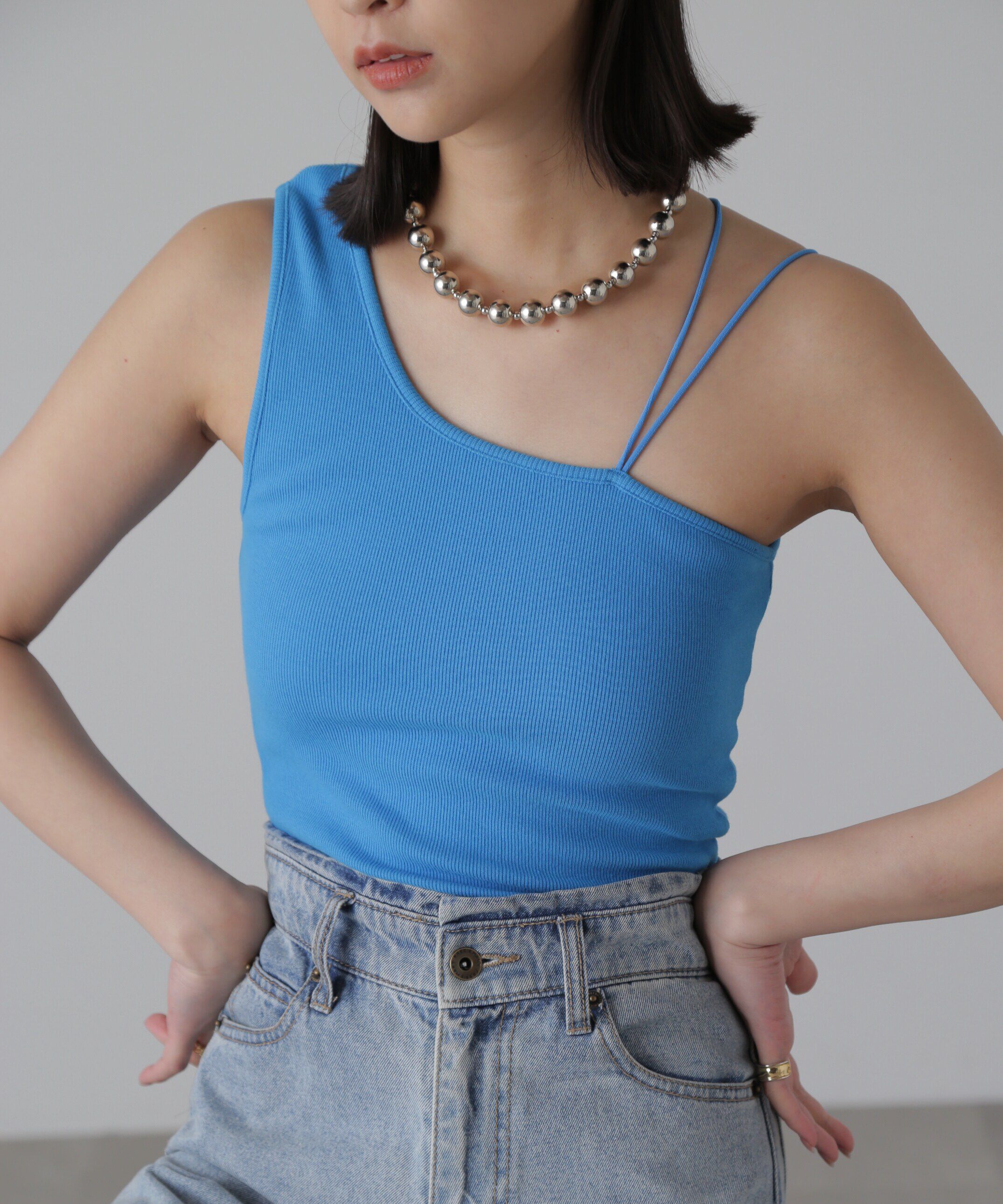  「ワンショルダーカップ付きテレコタンク」|Tシャツ・カットソー|