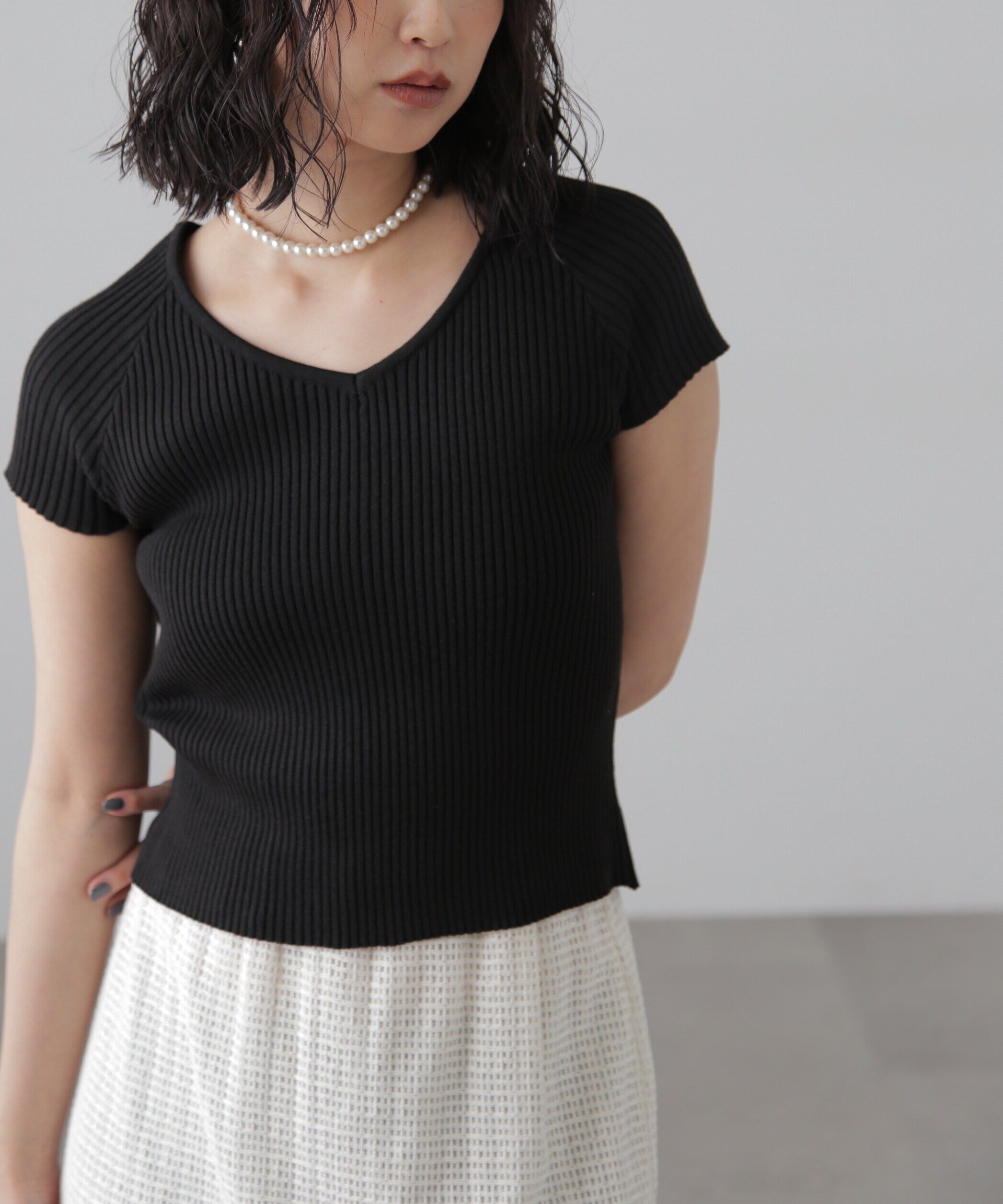  「前後2Wayフレンチスリーブリブニット」|ニット・セーター|ブラック