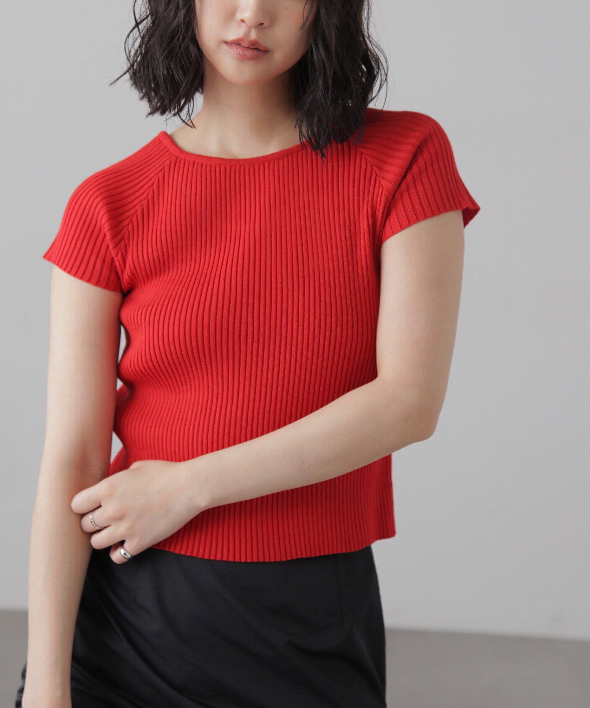  「前後2Wayフレンチスリーブリブニット」|ニット・セーター|レッド