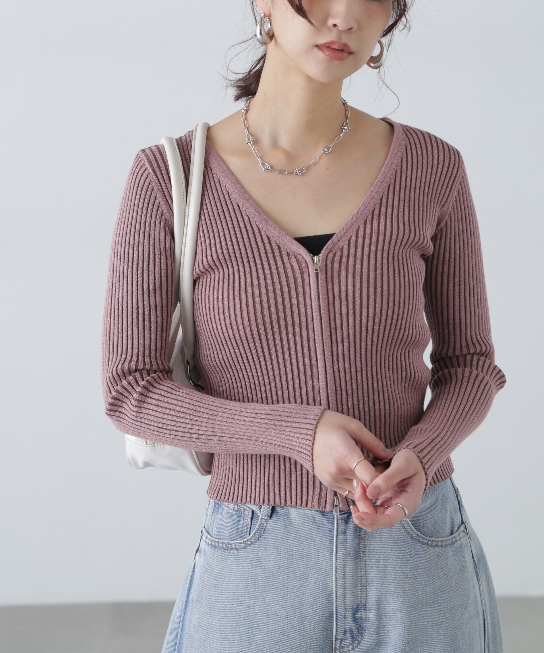  「フロントジップリブVネックニット」|ニット・セーター|ピンク