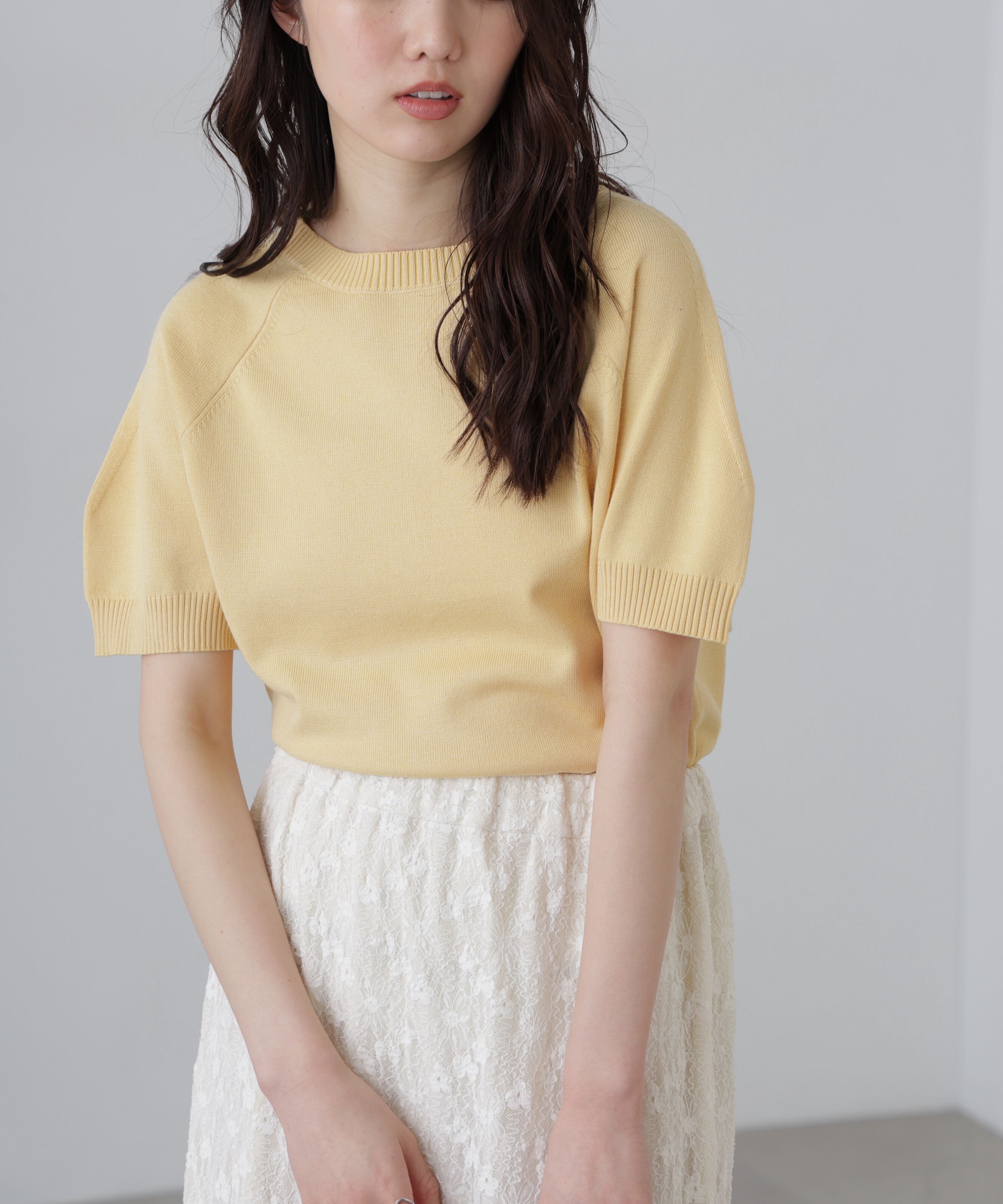  「〈洗える〉マシンウォッシャブルパフスリーブ半袖ニット」|ニット・セーター|イエロー