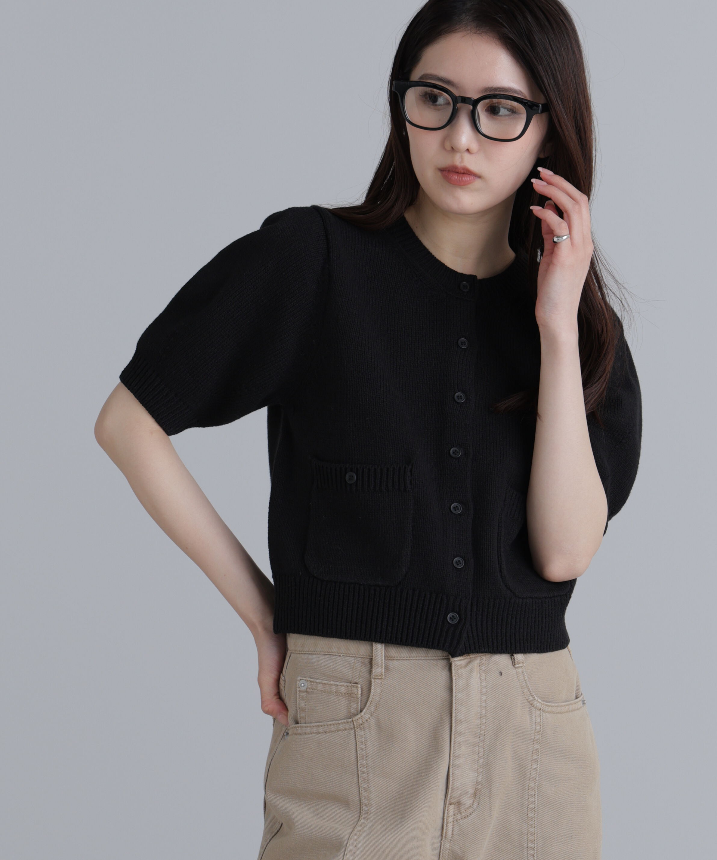  「フロントポケット半袖カーディガン」|ニット・セーター|