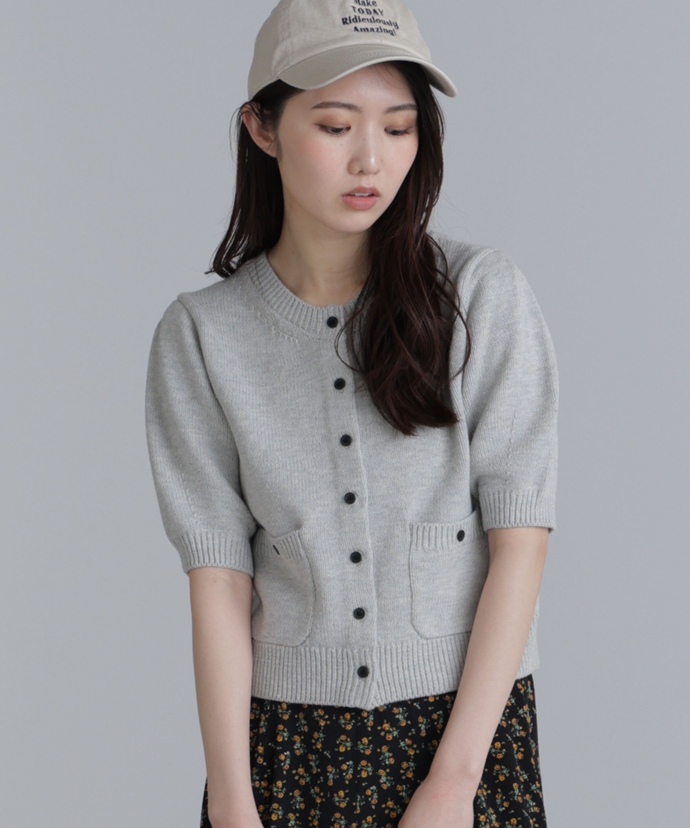  「フロントポケット半袖カーディガン」|ニット・セーター|グレー