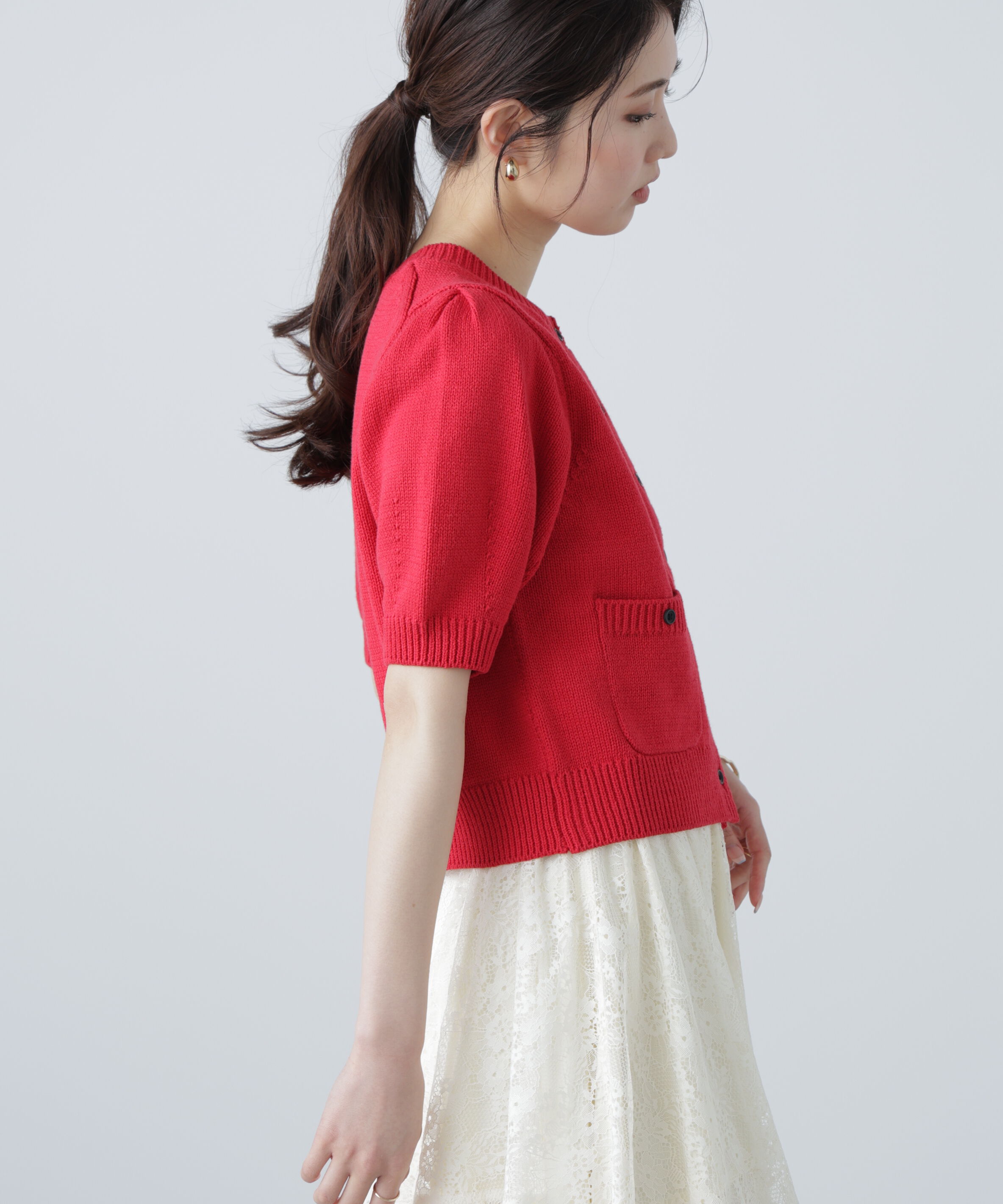  「フロントポケット半袖カーディガン」|ニット・セーター|