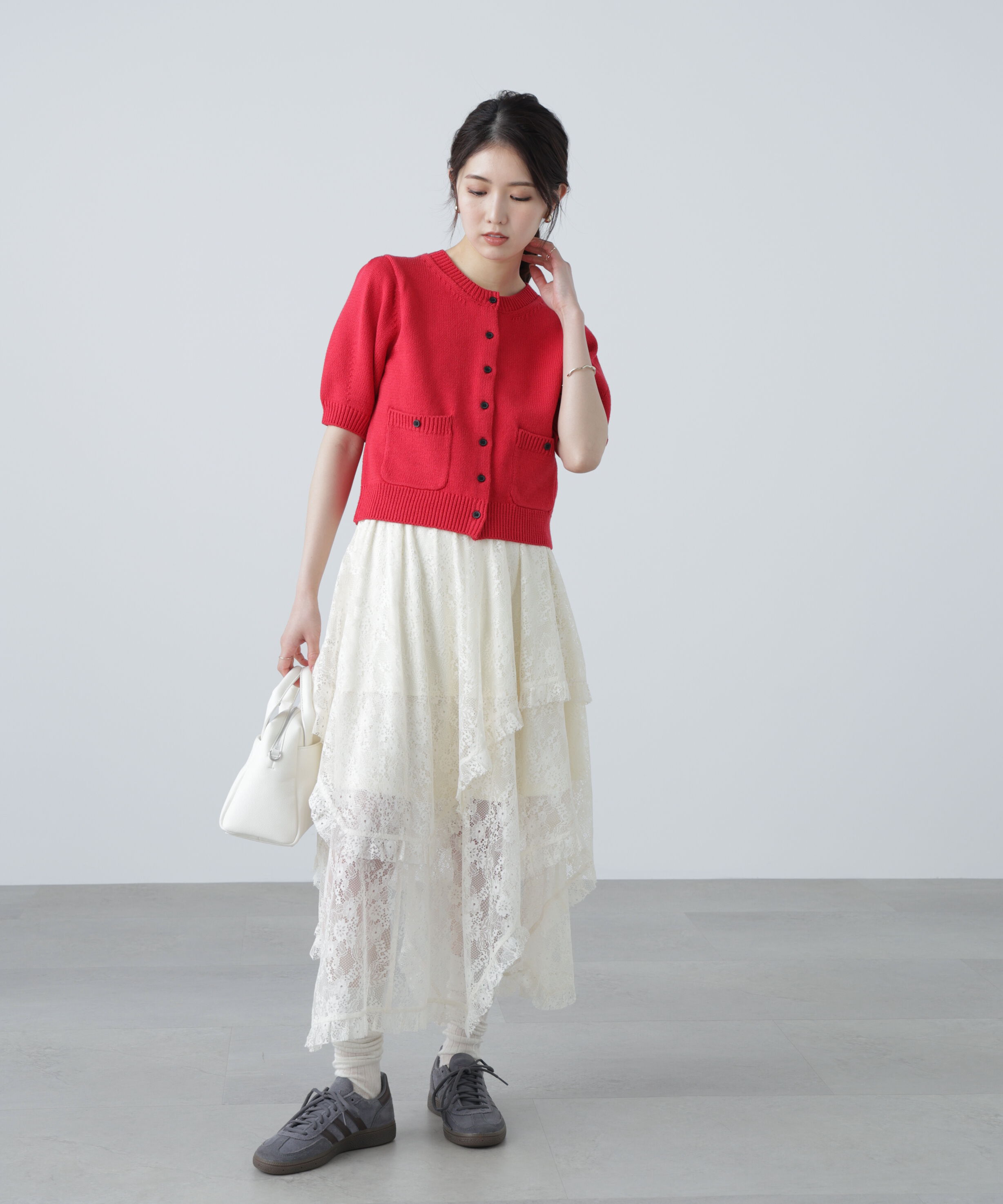  「フロントポケット半袖カーディガン」|ニット・セーター|