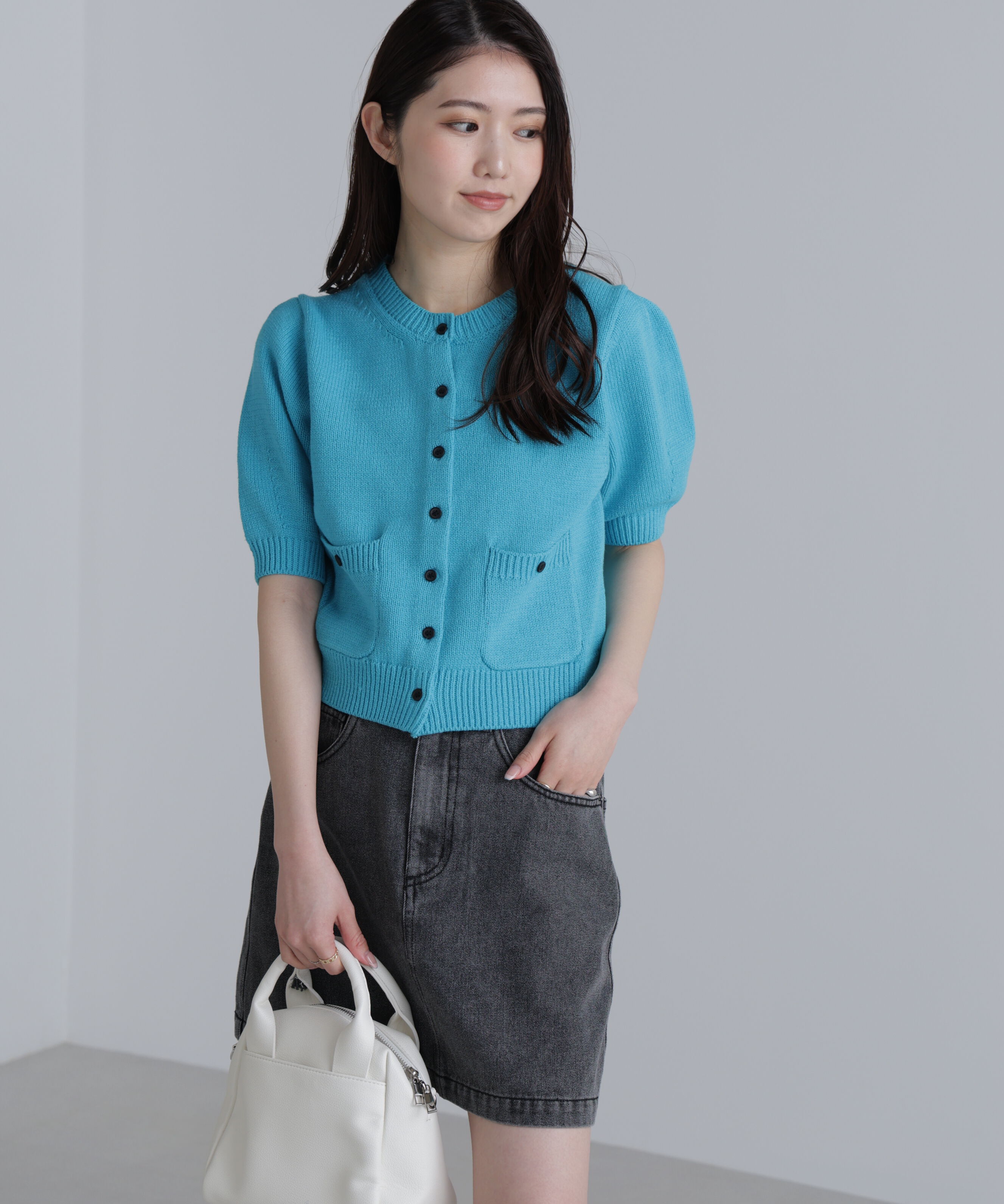  「フロントポケット半袖カーディガン」|ニット・セーター|