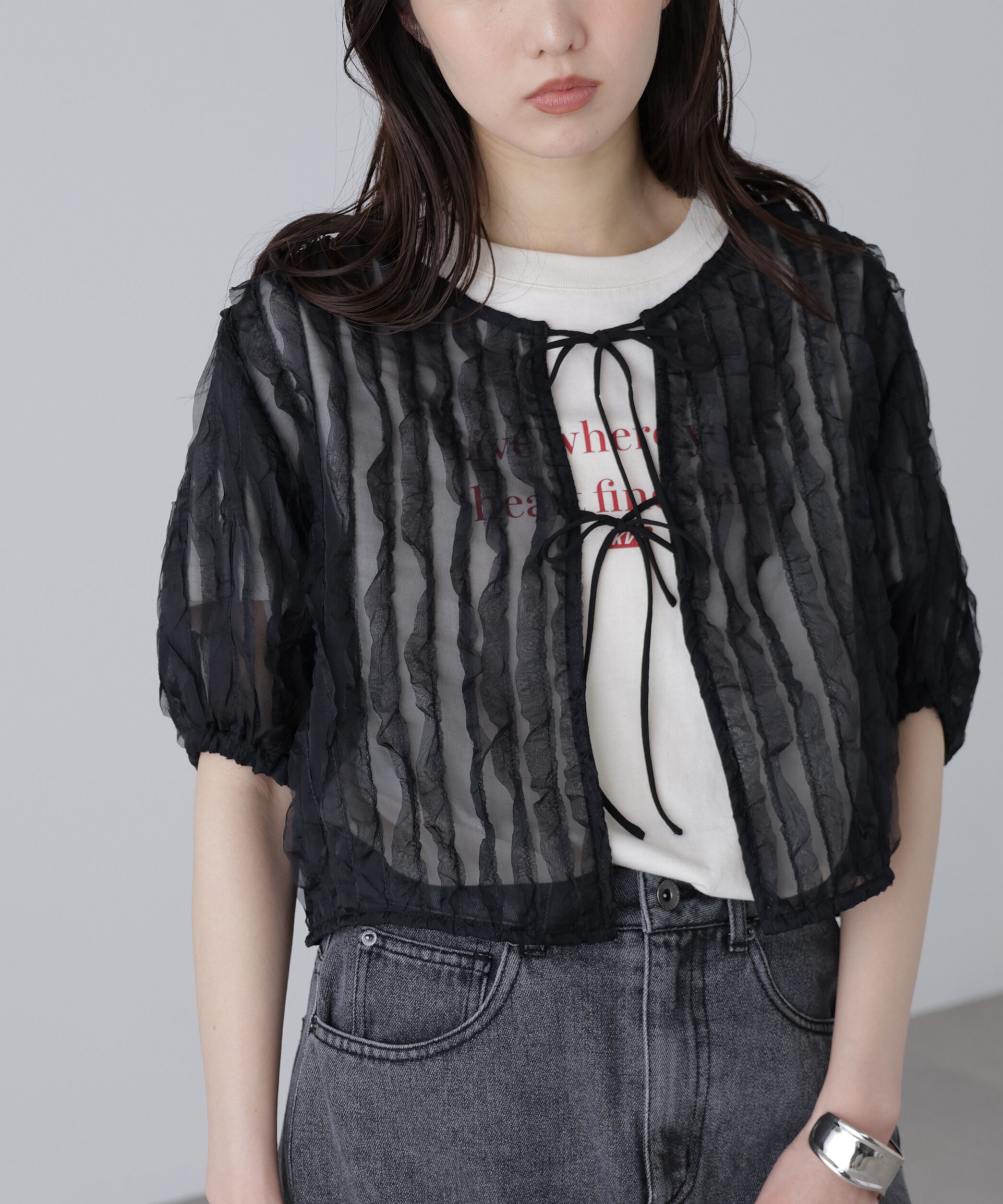  「シアーフリルフロントリボンブラウス」|シャツ・ブラウス|