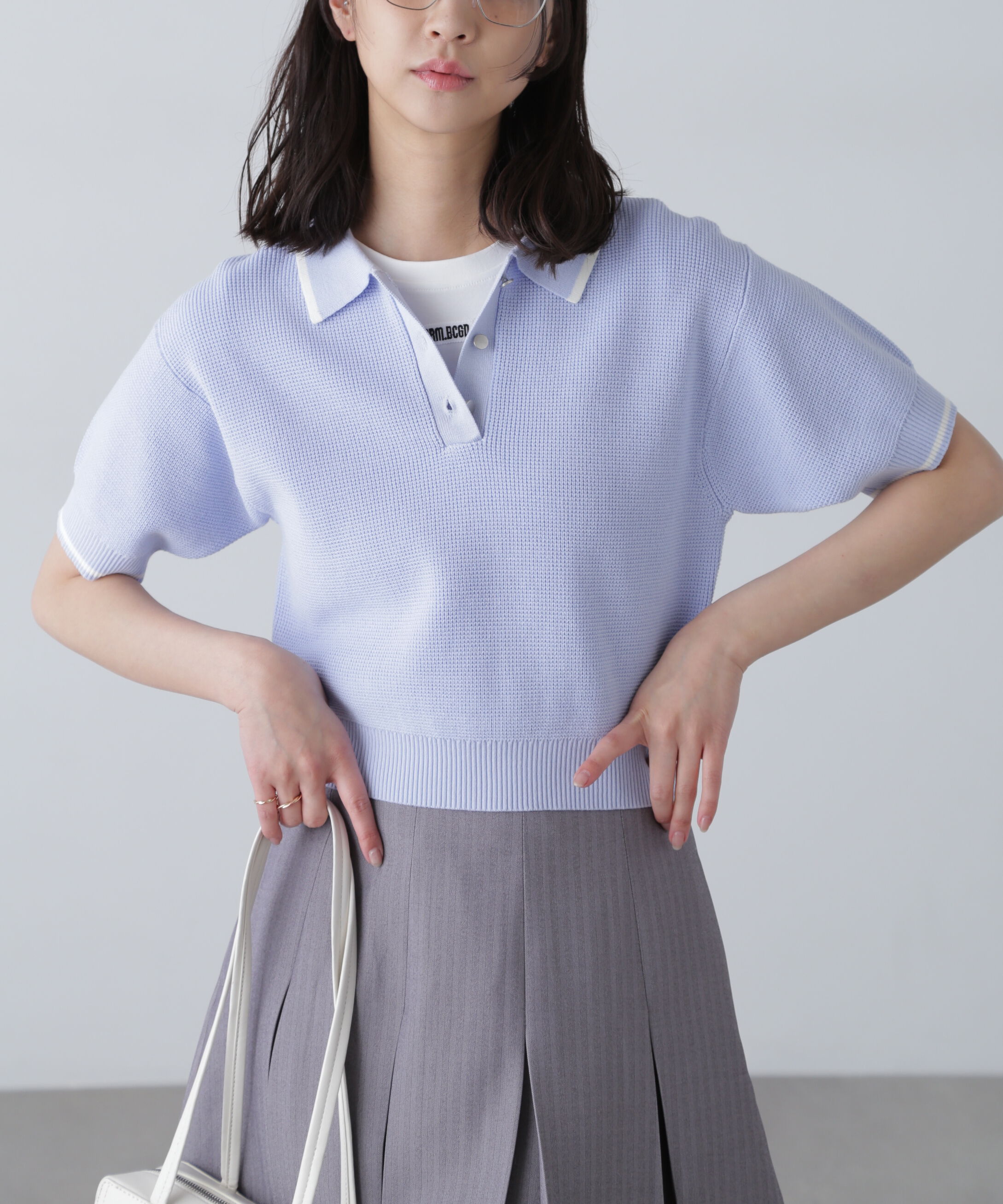  「配色ラインニットポロ」|ニット・セーター|ライトブルー