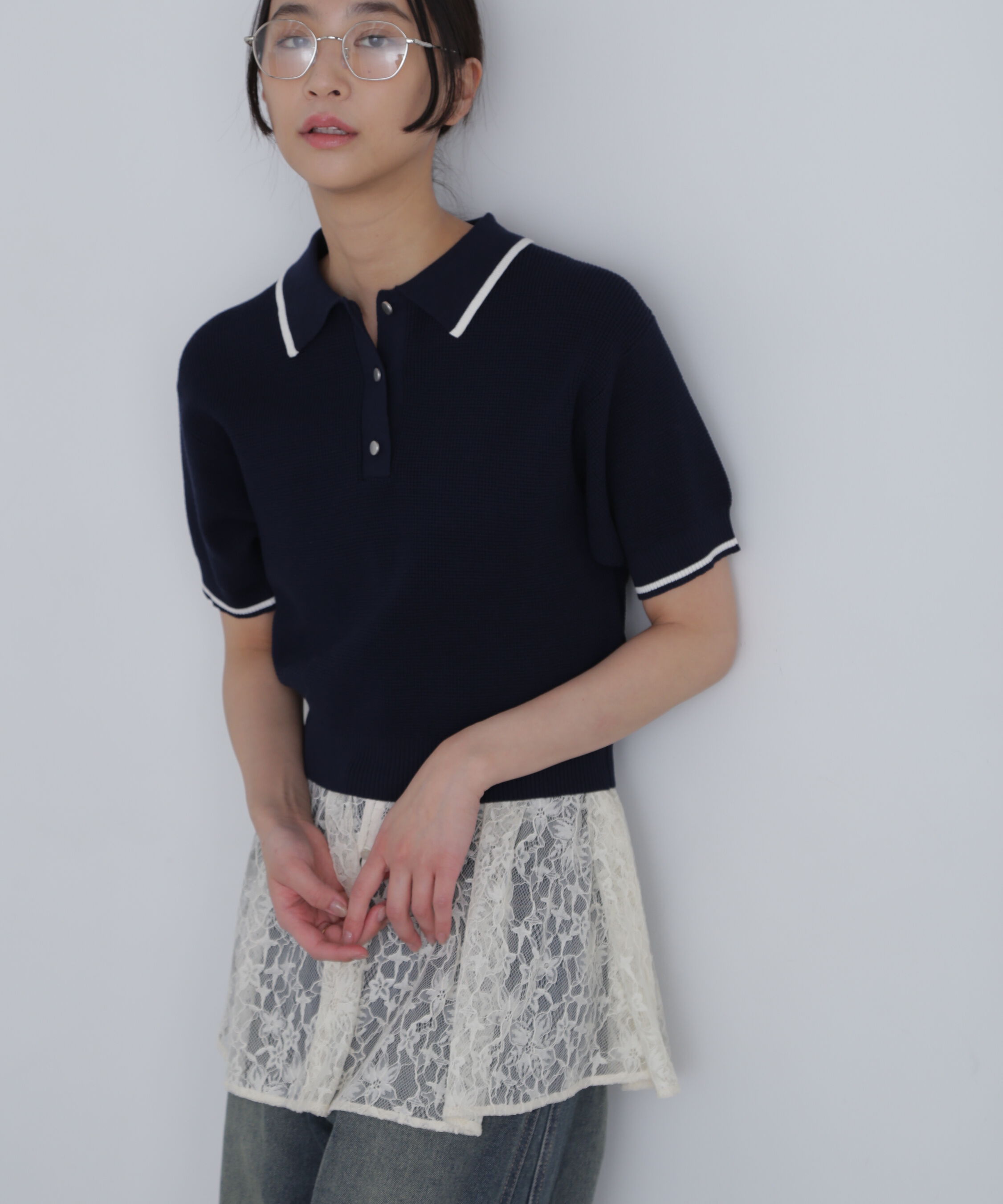  「配色ラインニットポロ」|ニット・セーター|ネイビー