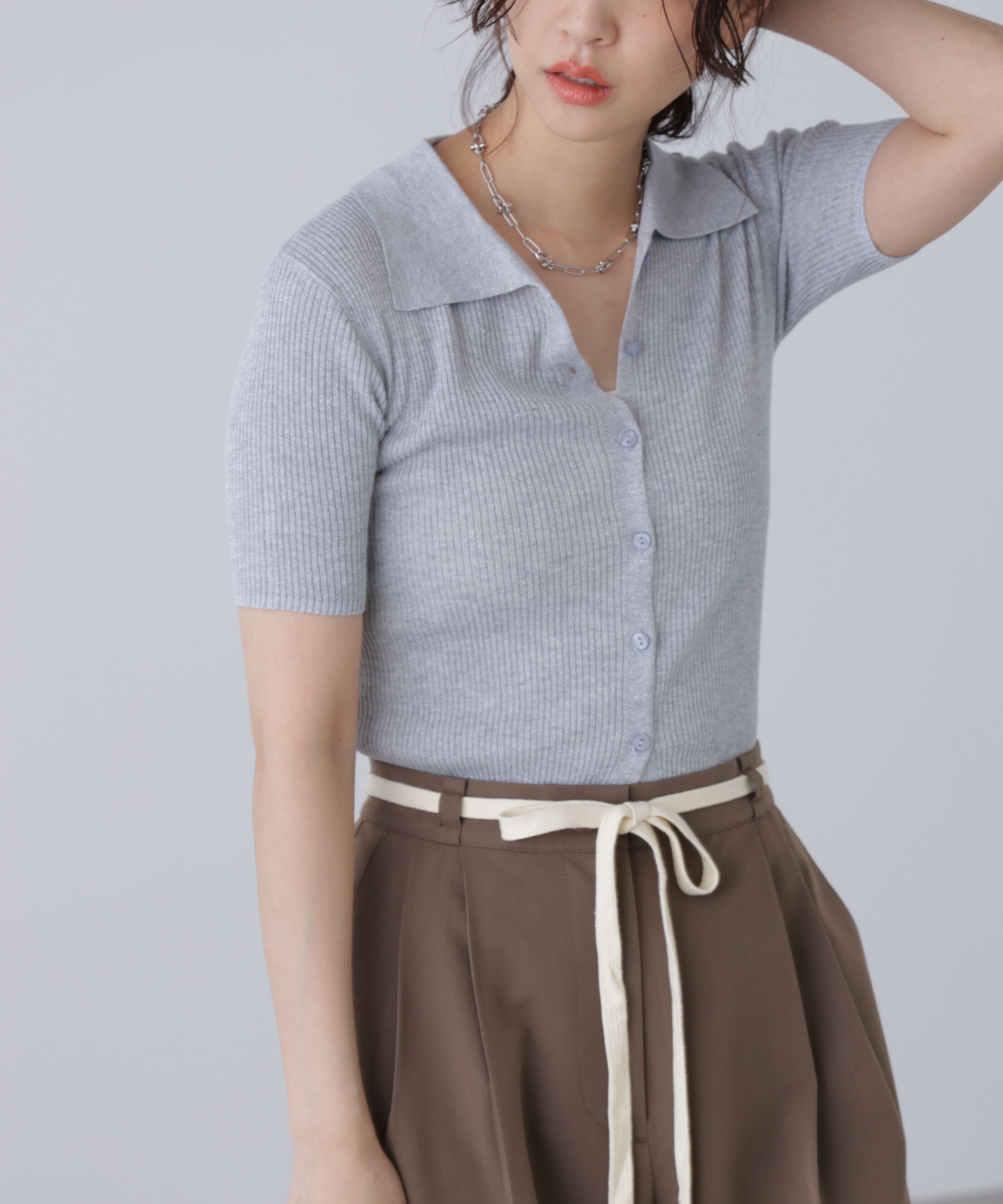  「衿付きラメニットカーディガン」|ニット・セーター|