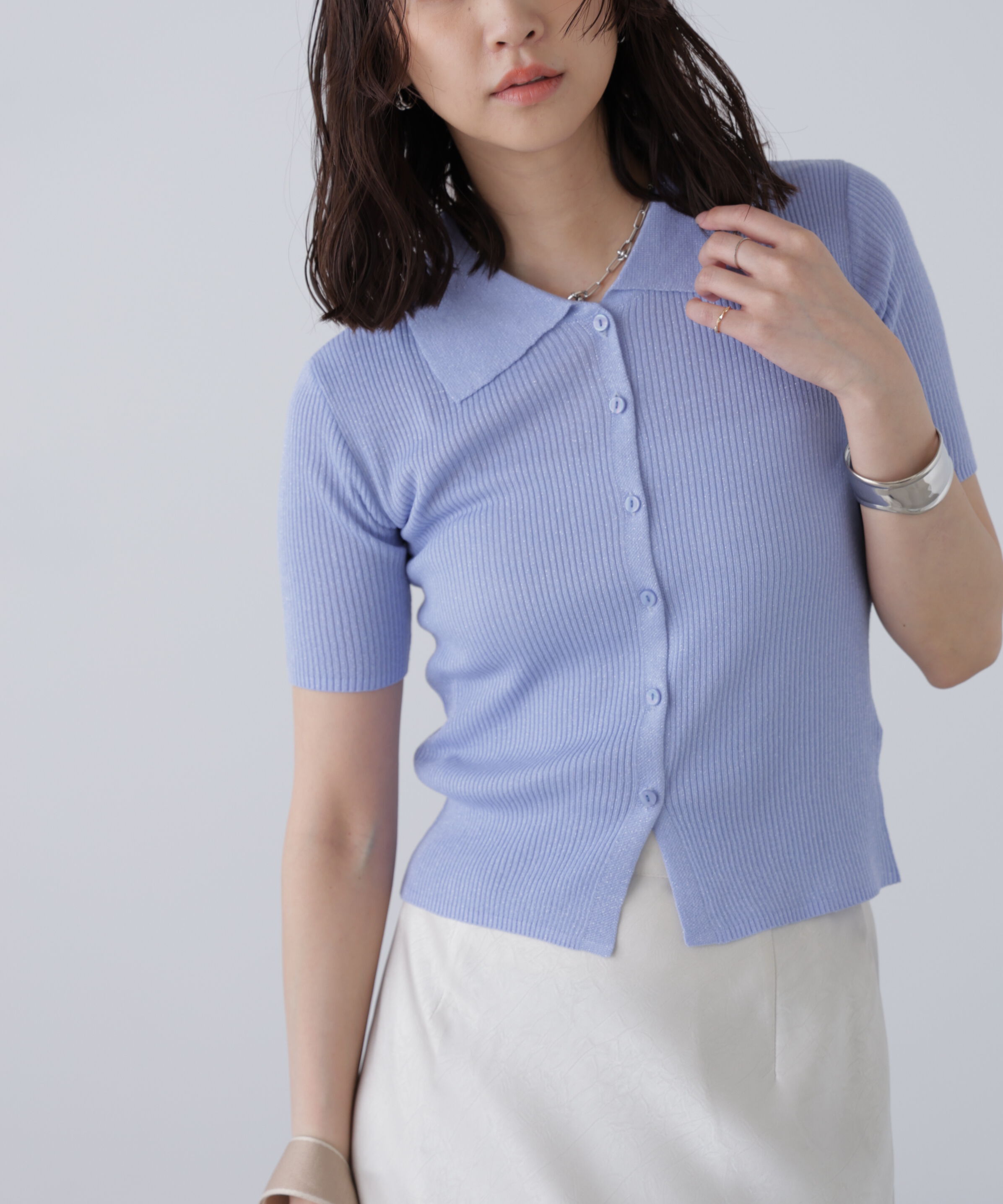  「衿付きラメニットカーディガン」|ニット・セーター|